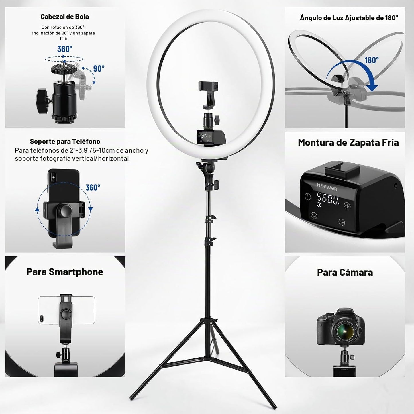 NEEWER Luz de Anillo LED Avanzada de 18 Pulgadas con Soporte de Trí...