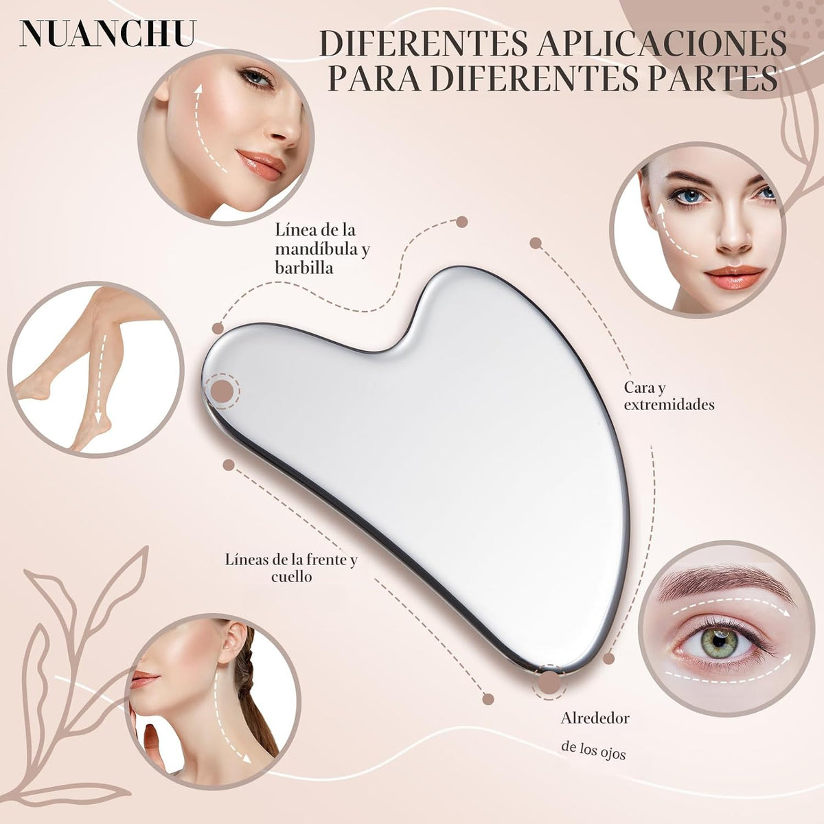 Nuanchu Herramienta facial Gua Sha de acero inoxidable 304, plata,...