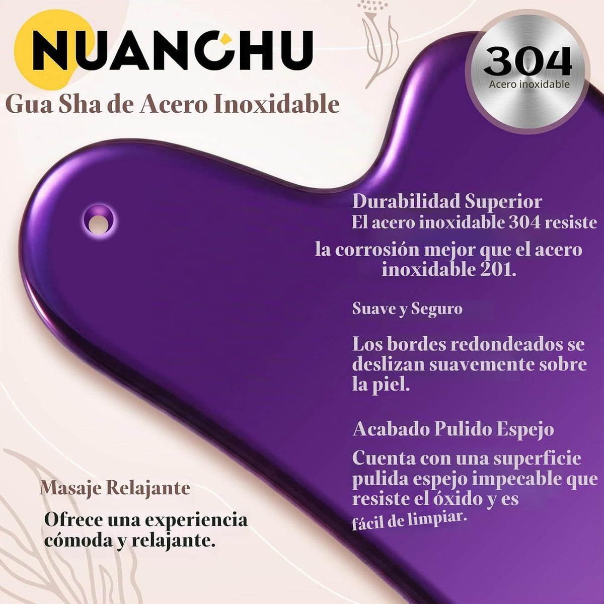 Nuanchu 304 - Herramienta facial Gua Sha de acero inoxidable, color...
