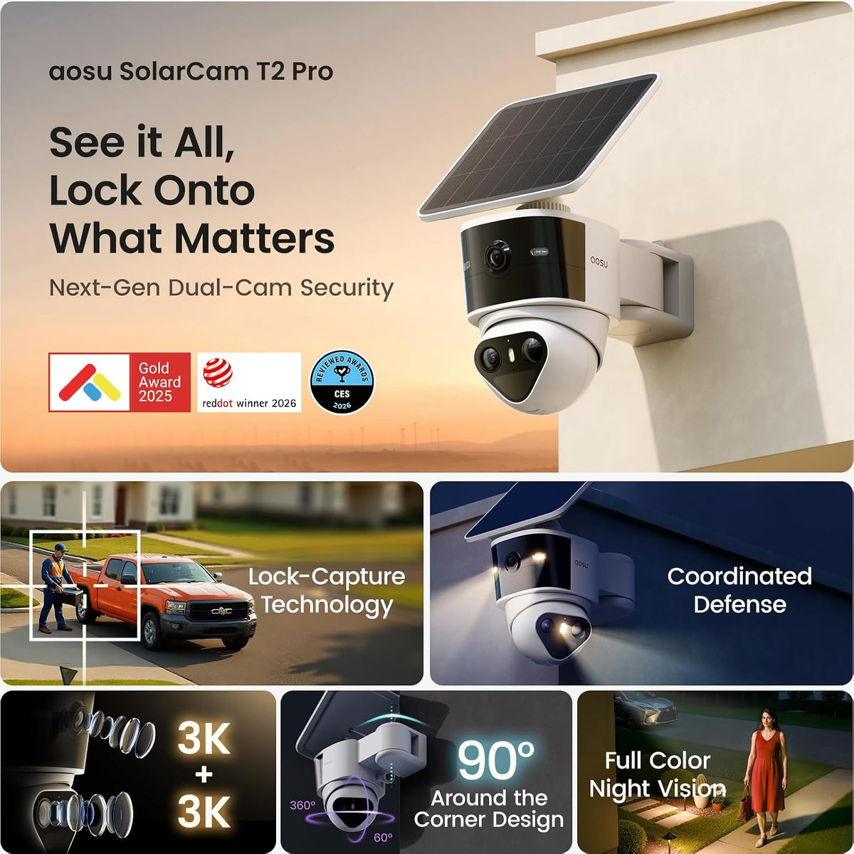 aosu Cámaras de seguridad T2 Pro inalámbricas para exteriores, cáma...