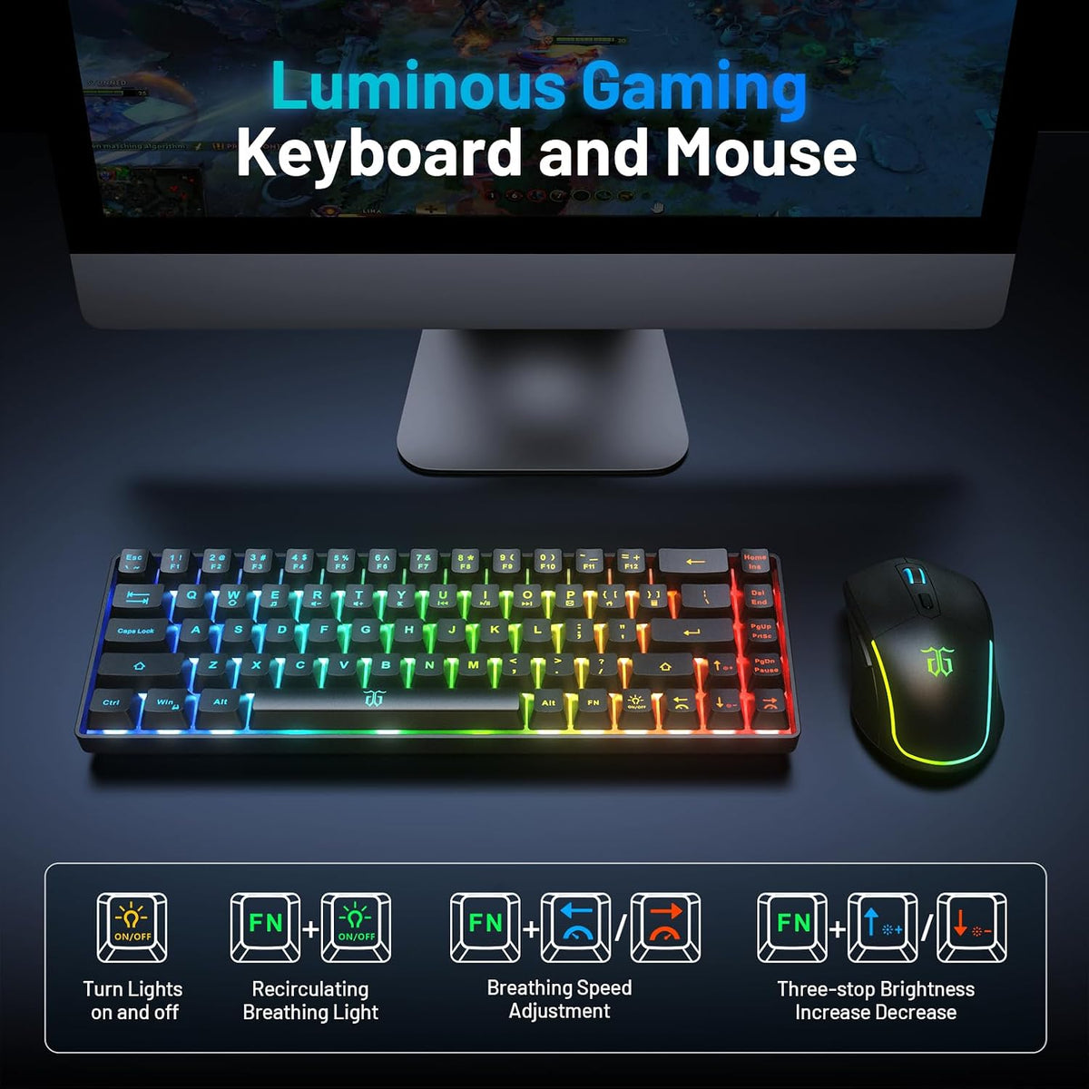 Snpurdiri Combo de teclado y mouse inalámbricos para juegos 60%, co...