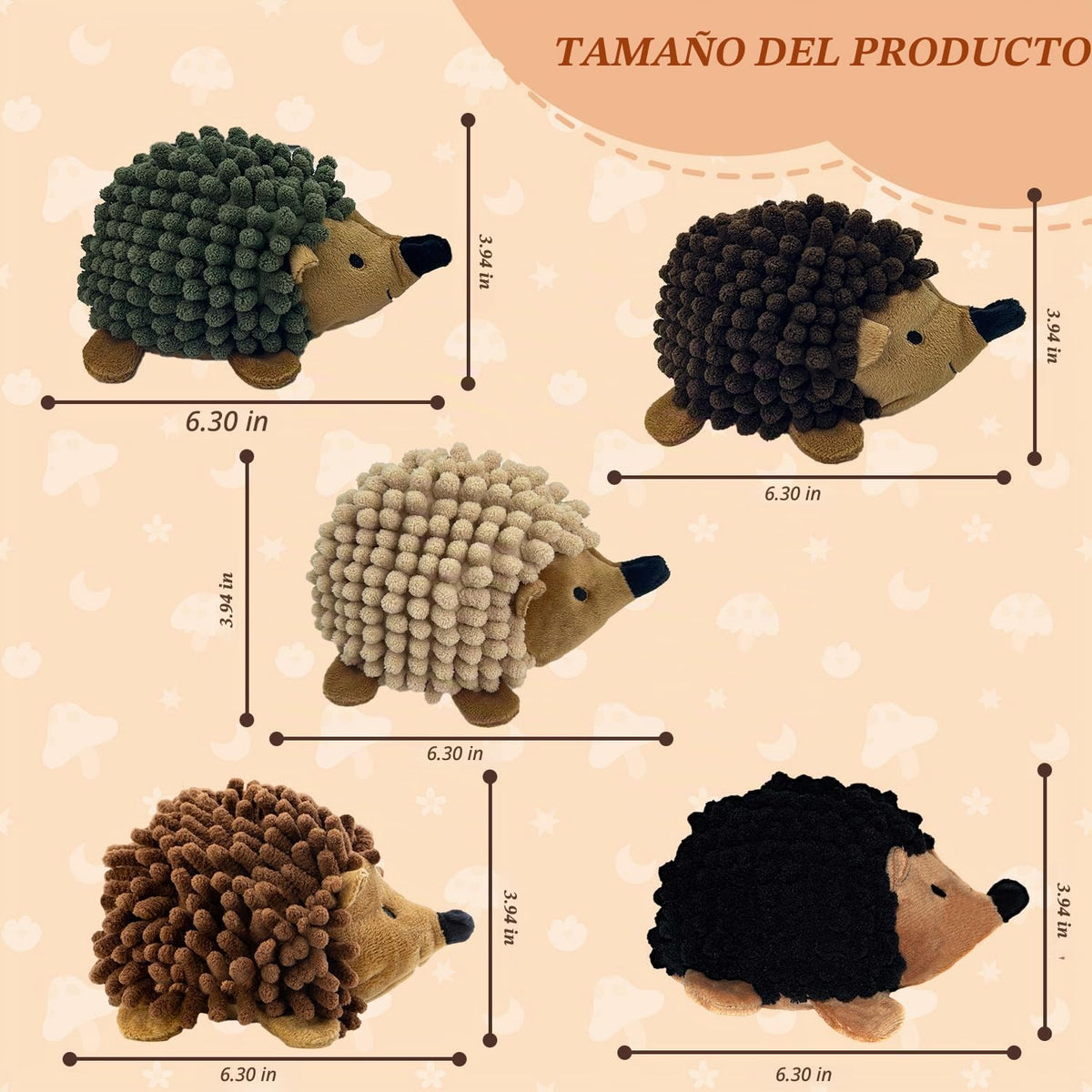 Juguetes para perros de erizo 2 en 1 sin relleno, 5 piezas, bola ch...