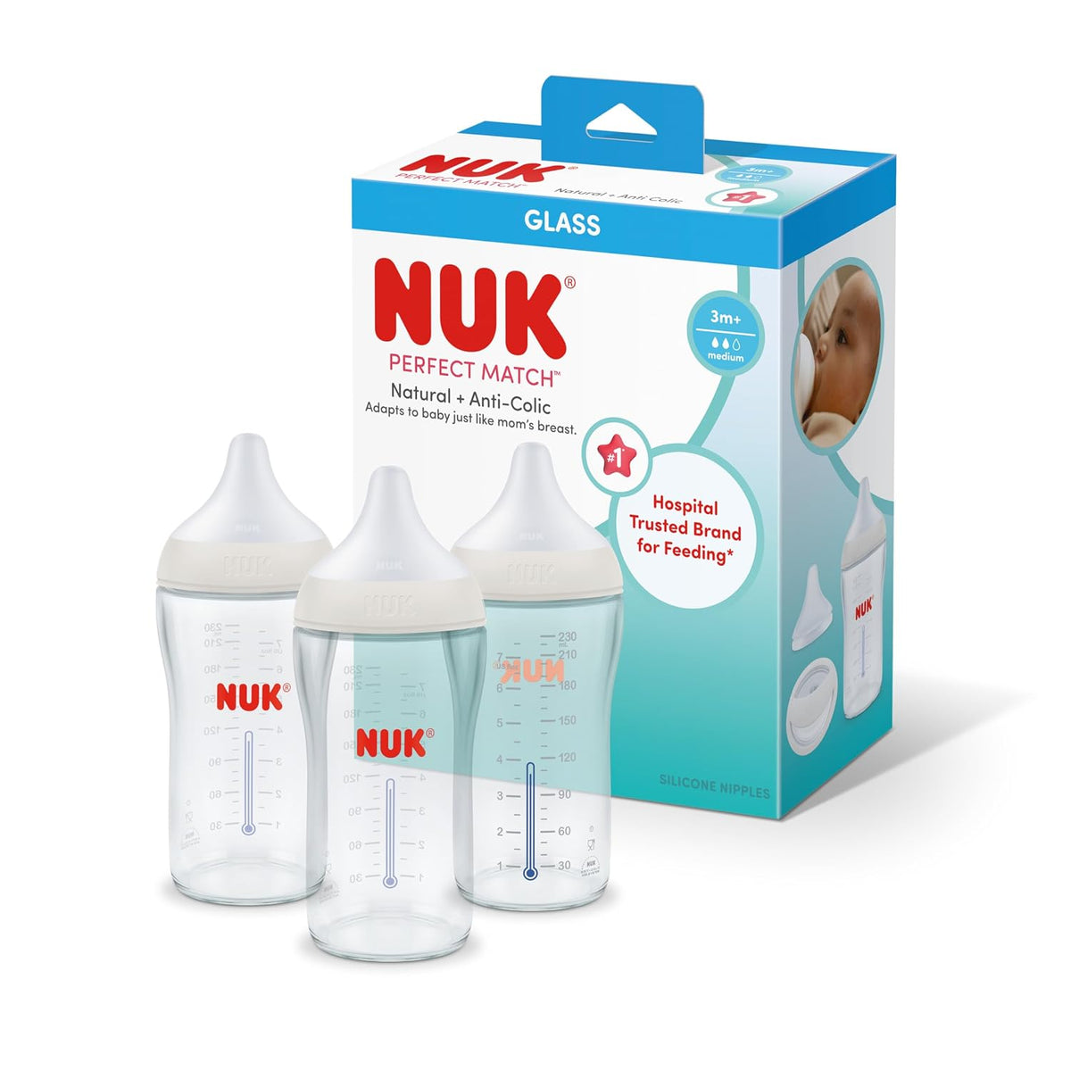 NUK Perfect Match - Botella de vidrio natural + anticólico, 8 onzas...