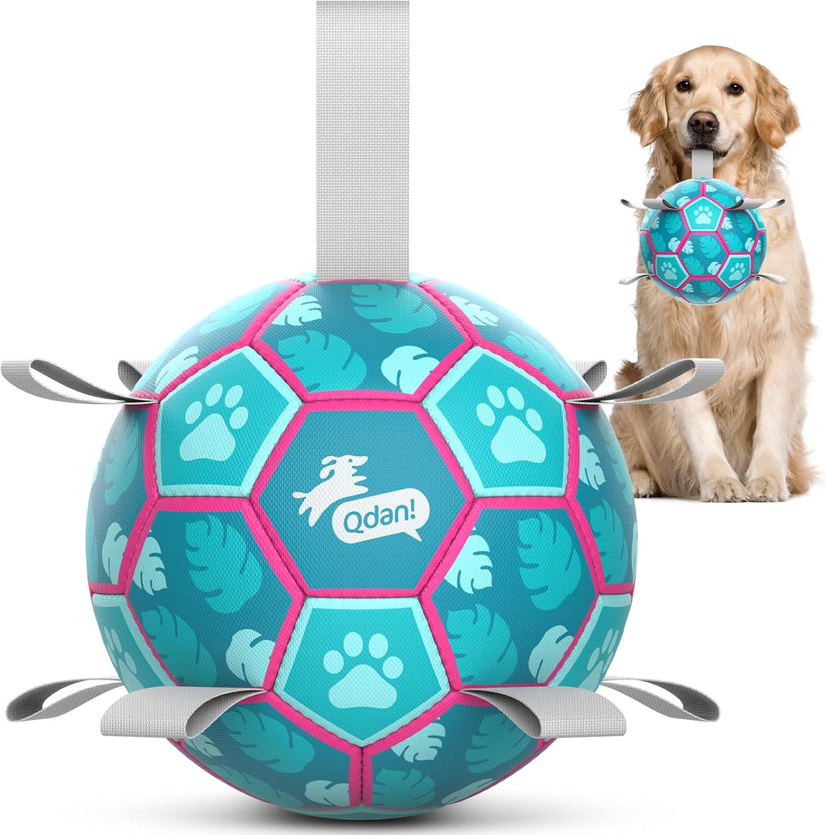 QDAN Pelota de fútbol para perros con correas, juguete de tira y af...