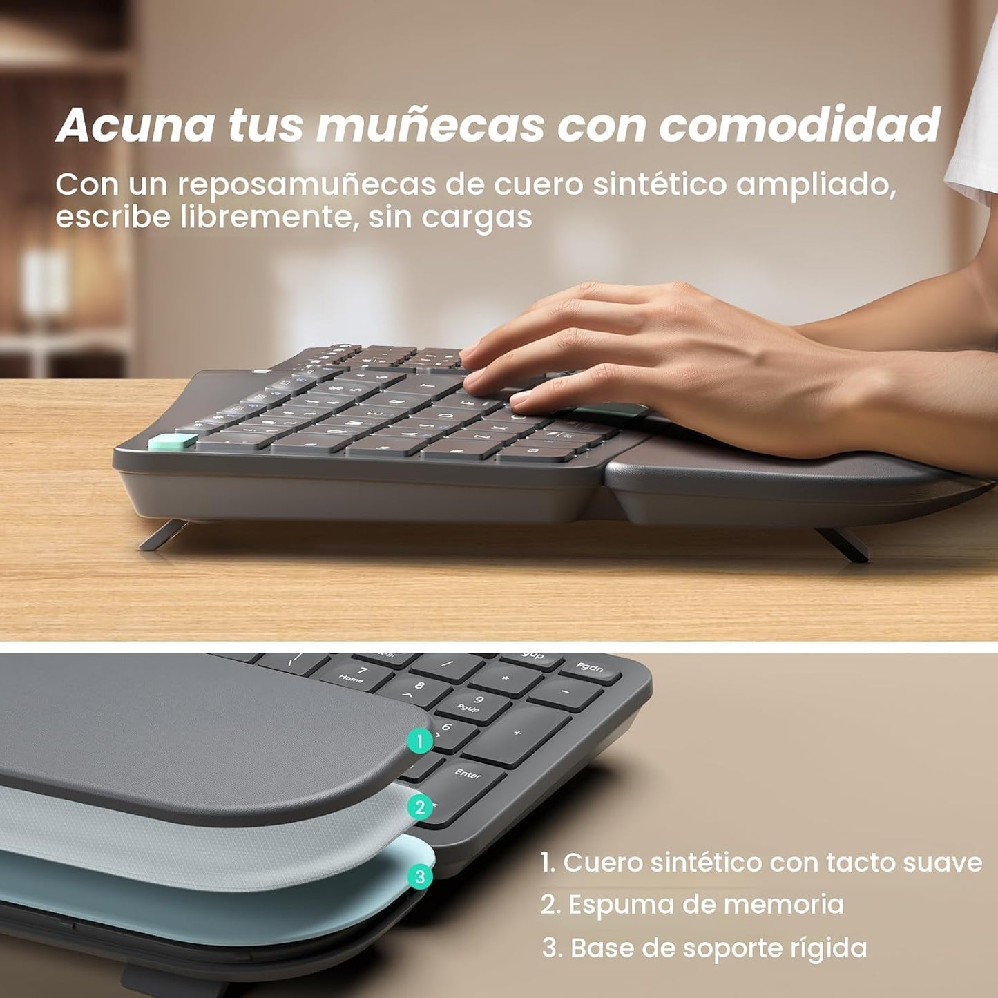 Nulea Reposamuñecas acolchado inalámbrico con teclado dividido ergo...