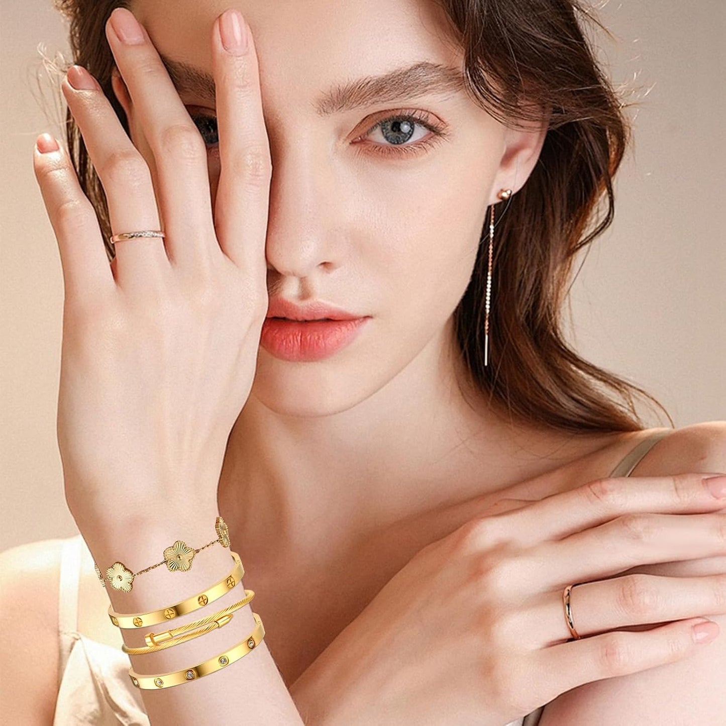 Ntutrxk Pulseras de oro para mujer - 4 piezas\/3 piezas, juego de p...