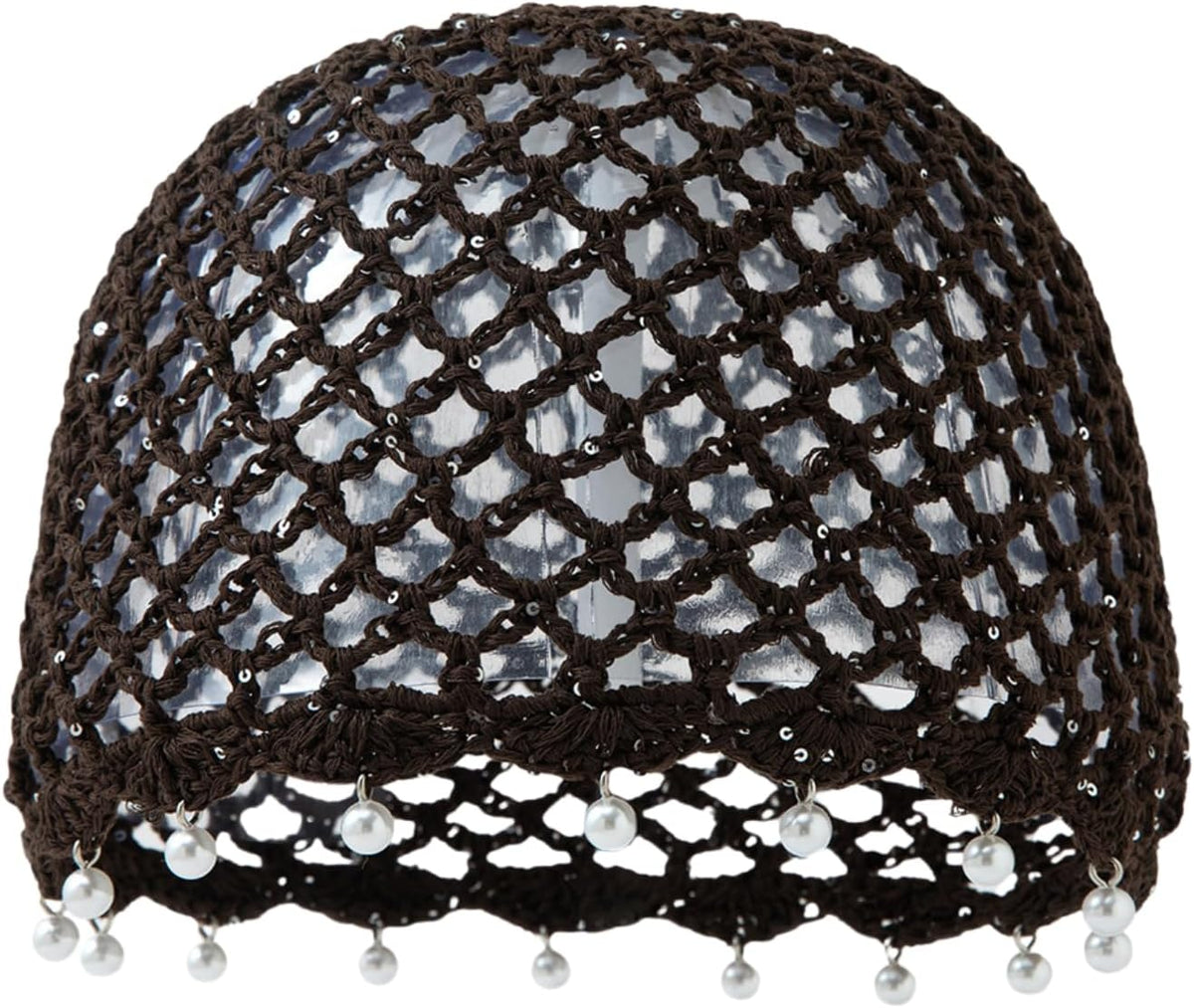 Julpsk Sombrero de ganchillo hecho a mano con ribete de perlas de v...