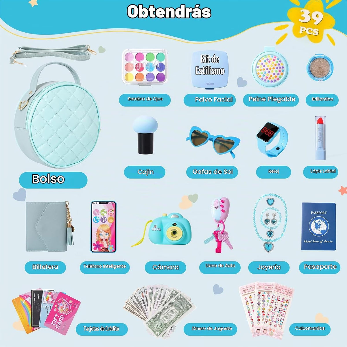 Kagenmi Bolsa de juego para niñas pequeñas, 39 piezas con maquillaj...