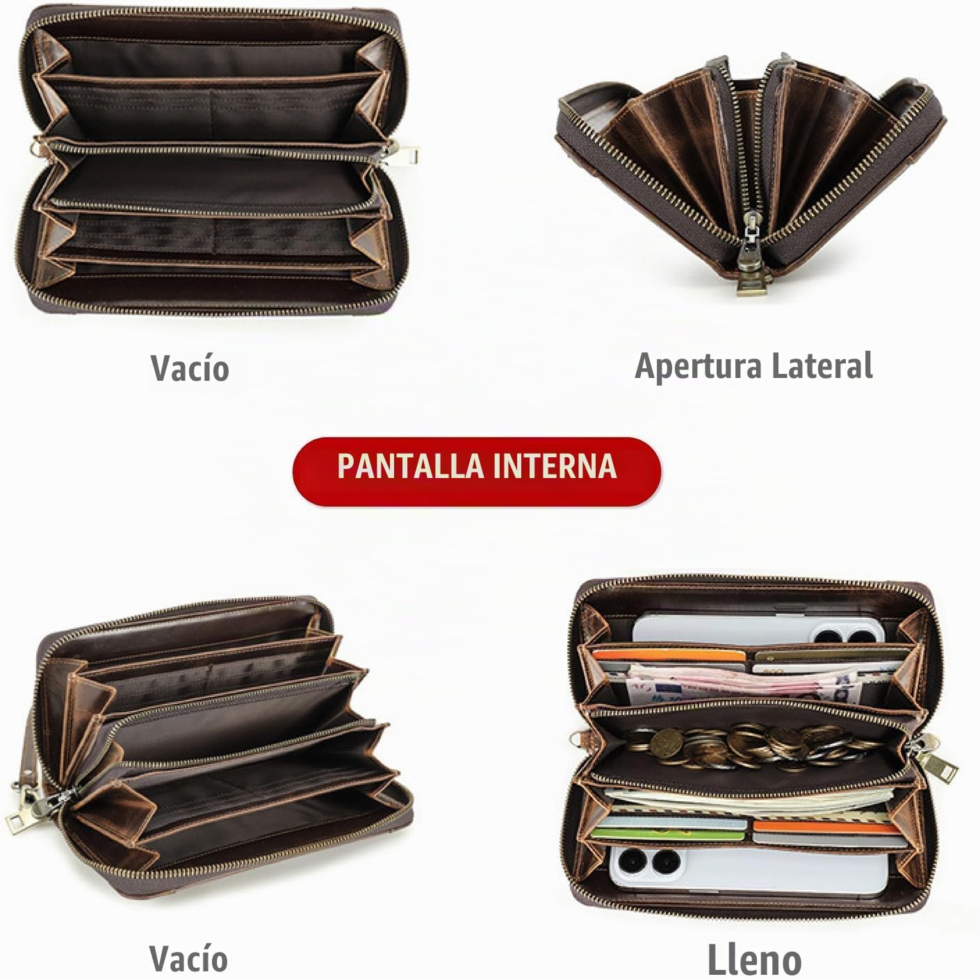 Cartera de mano de piel auténtica aceitada de grano superior para h...