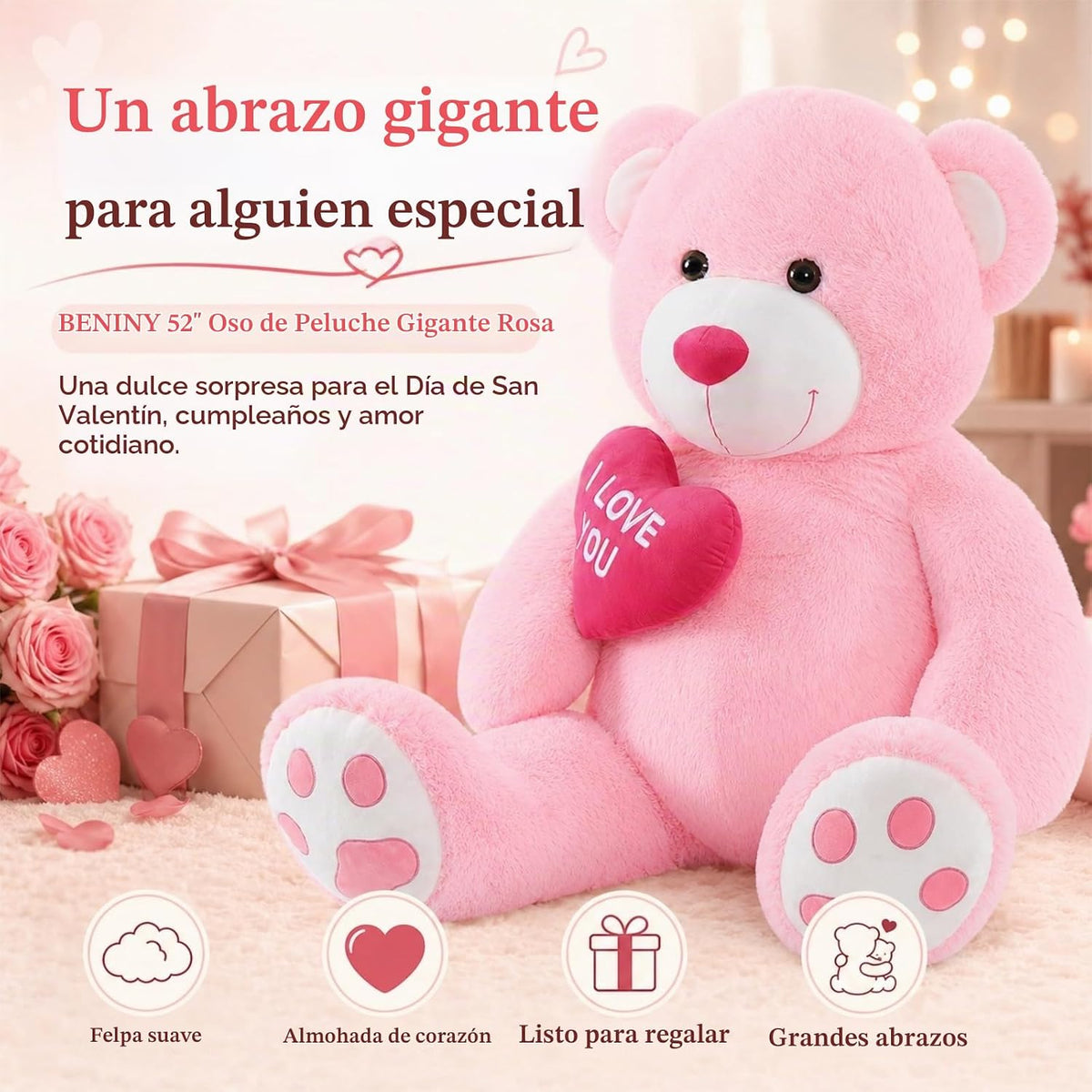 BENINY Oso de peluche gigante rosa de 52 pulgadas con corazón, pelu...