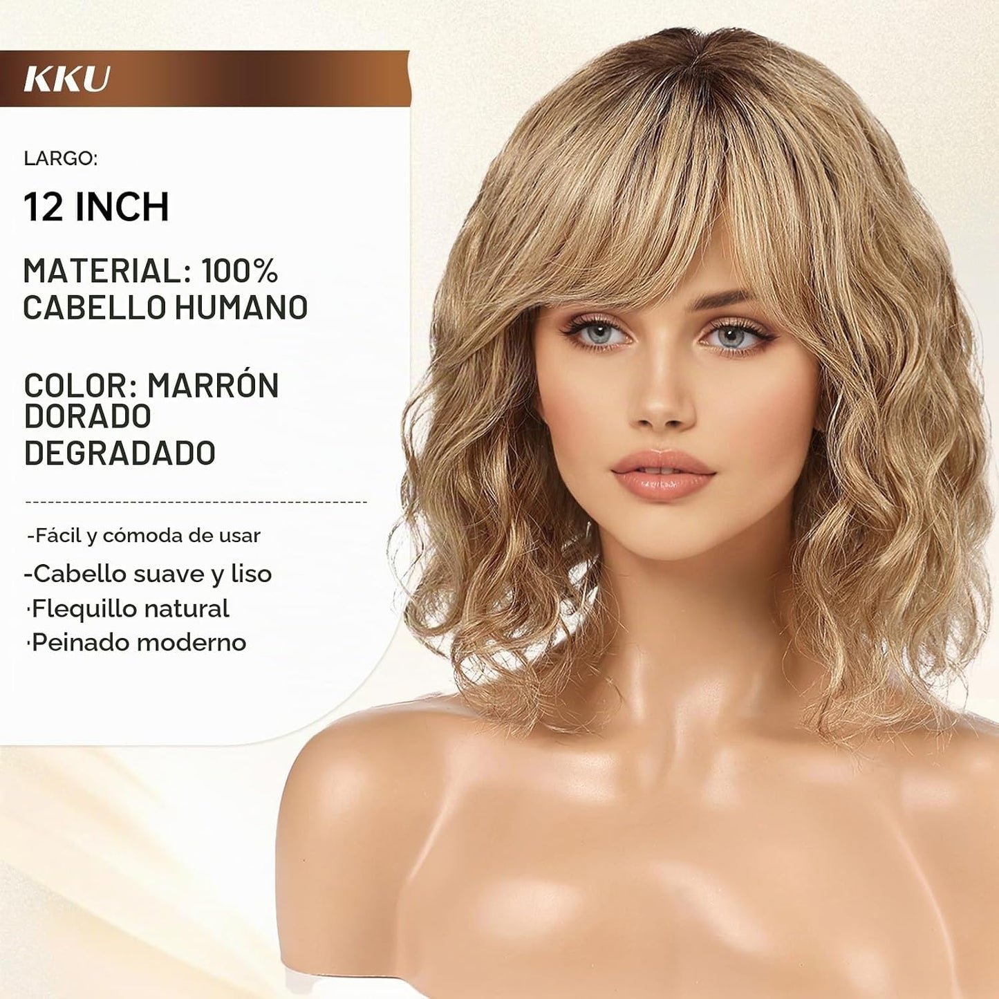 KKU Pelucas de cabello humano ondulado de 12 pulgadas para mujer, p...