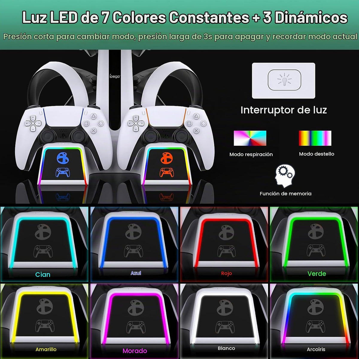 Fastsnail Estación de carga RGB para PS VR2 \/ PS5 \/ PS5 con 10 lu...