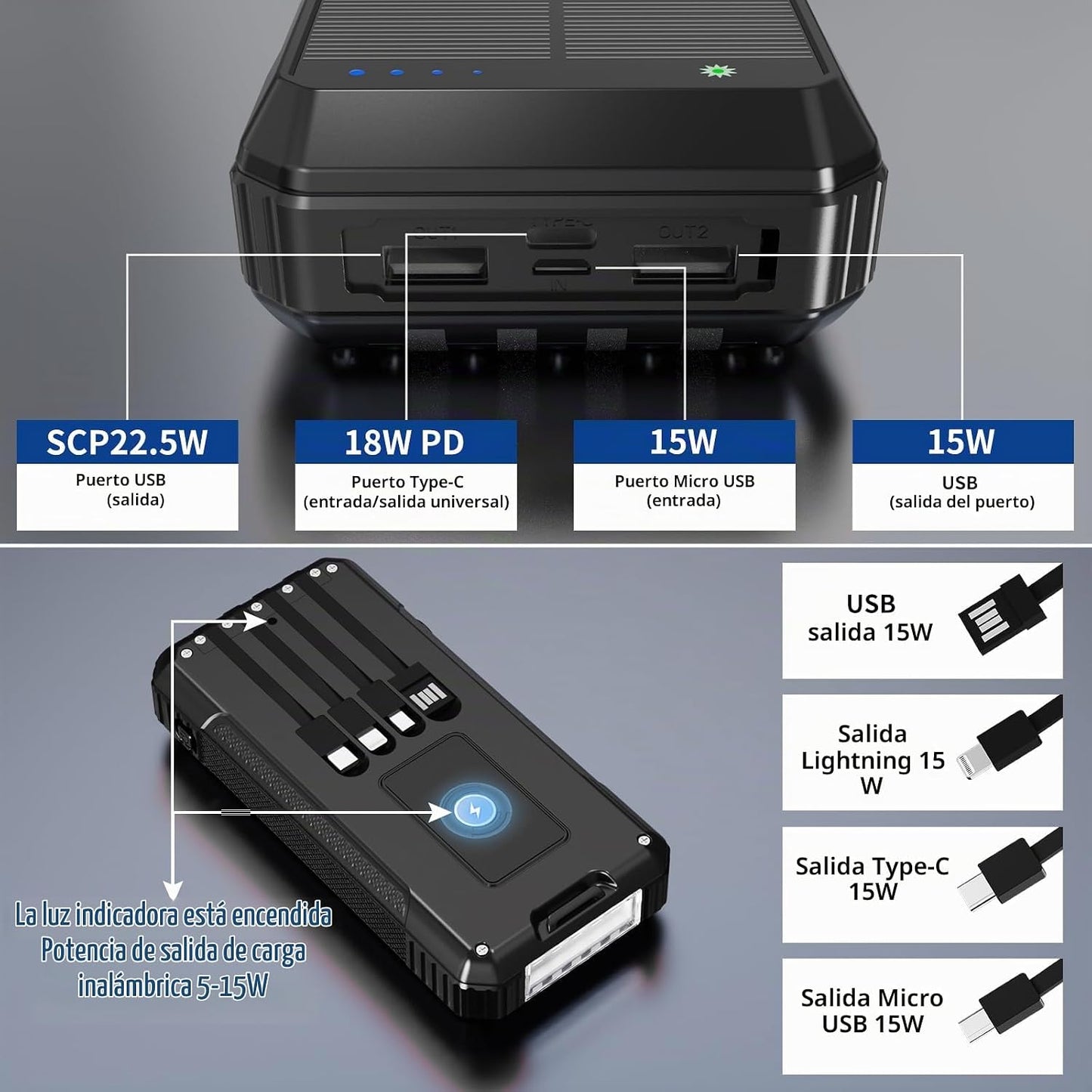 FCJZX Banco de Energía Cargador Solar 49800mAh, Carga Inalámbrica P...