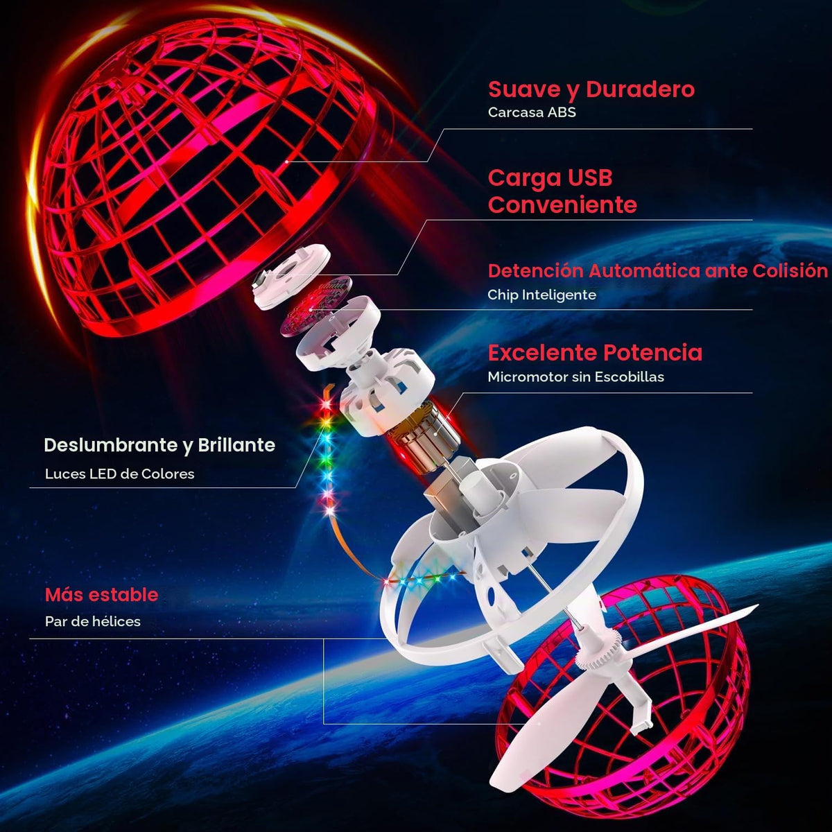 Ivtivfu Bola de orbe voladora (roja, actualizada en 2025) con luces...