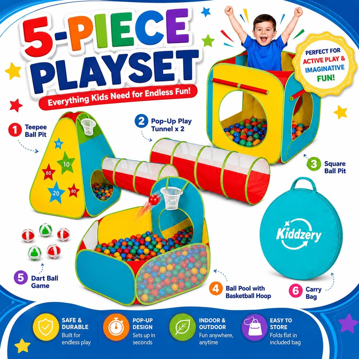 Tienda de campaña de 5 piezas para niños pequeños con hoyo de bolas...