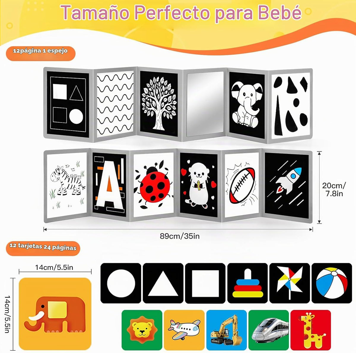 AJsupojouet Libro de bebé de alto contraste, 12 tarjetas flash y es...