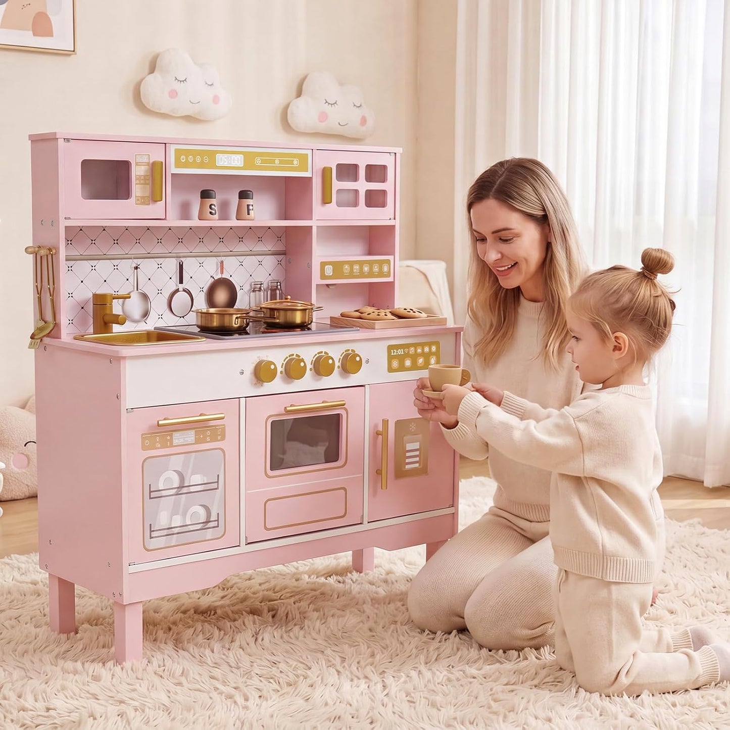 Cocina de madera para niños, moderno juego de cocina blanca con est...