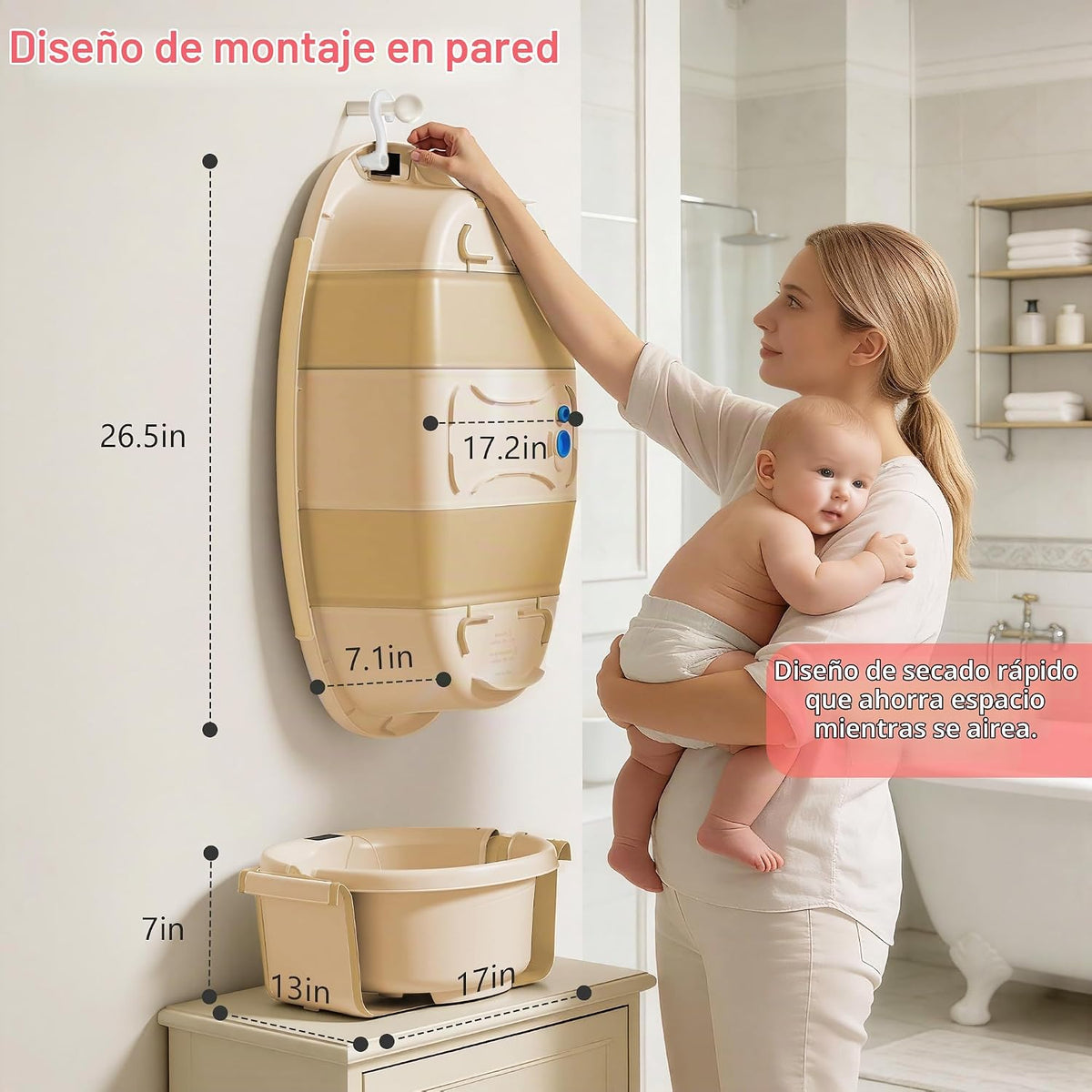Bañera plegable para bebé, bañera grande con termómetro | Bañera es...