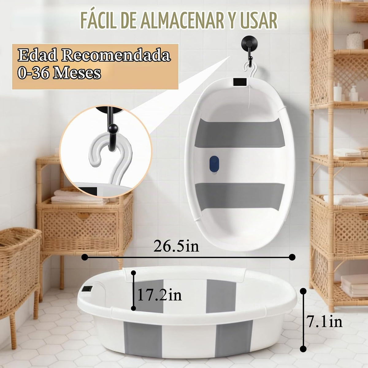 Bañera para bebé EverKiddo, tina de baño para bebé con termómetro y...
