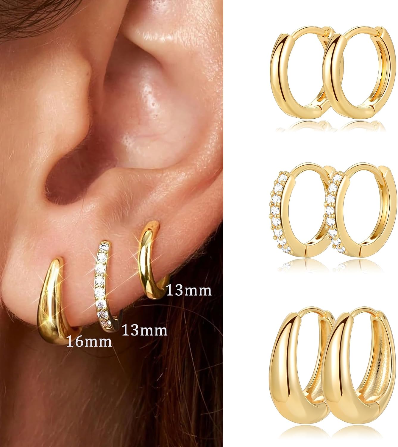 Juego de 9 pares de aretes pequeños tipo aro huggie de oro\/plata p...