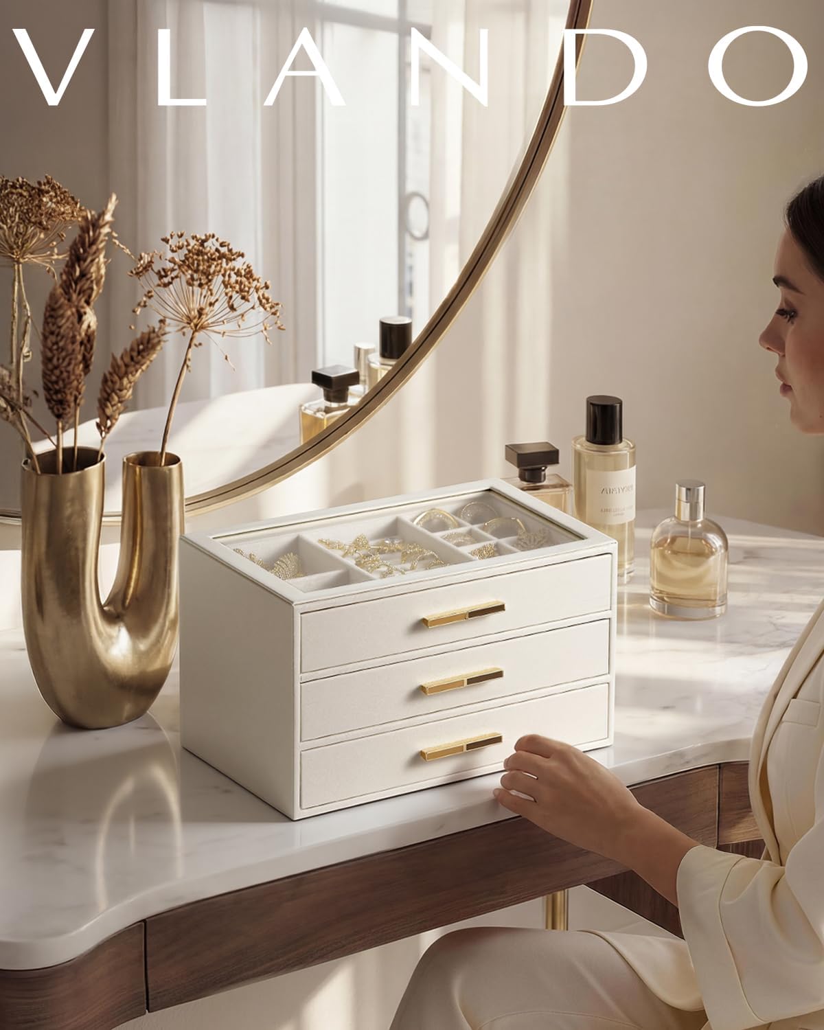 VLANDO Joyero para mujer, organizador de joyas con tapa de vidrio c...