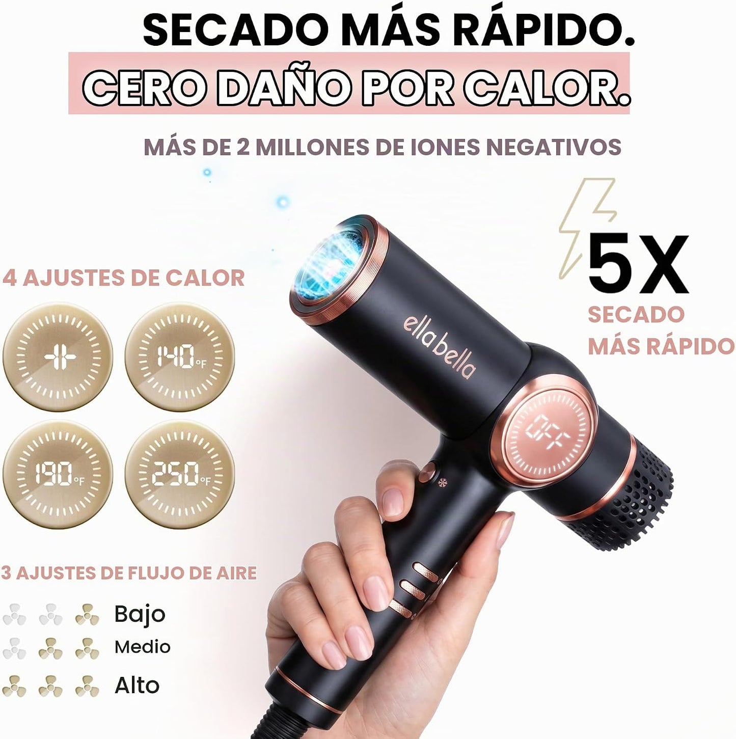 ELLA BELLA® Secador de pelo iónico profesional con difusor \u2022 S...