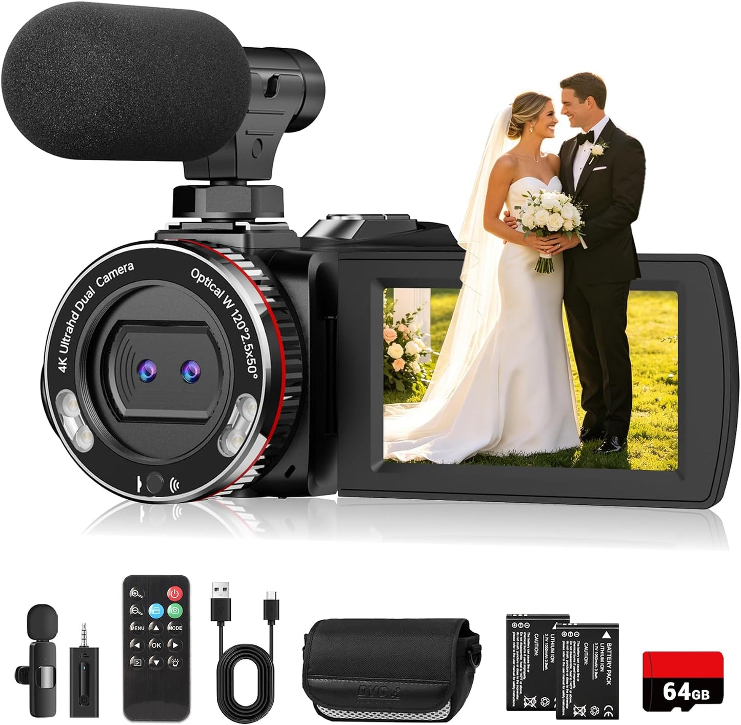 Rumyums Videocámara de boda 4K, cámara de vlogging UHD de 64MP con...