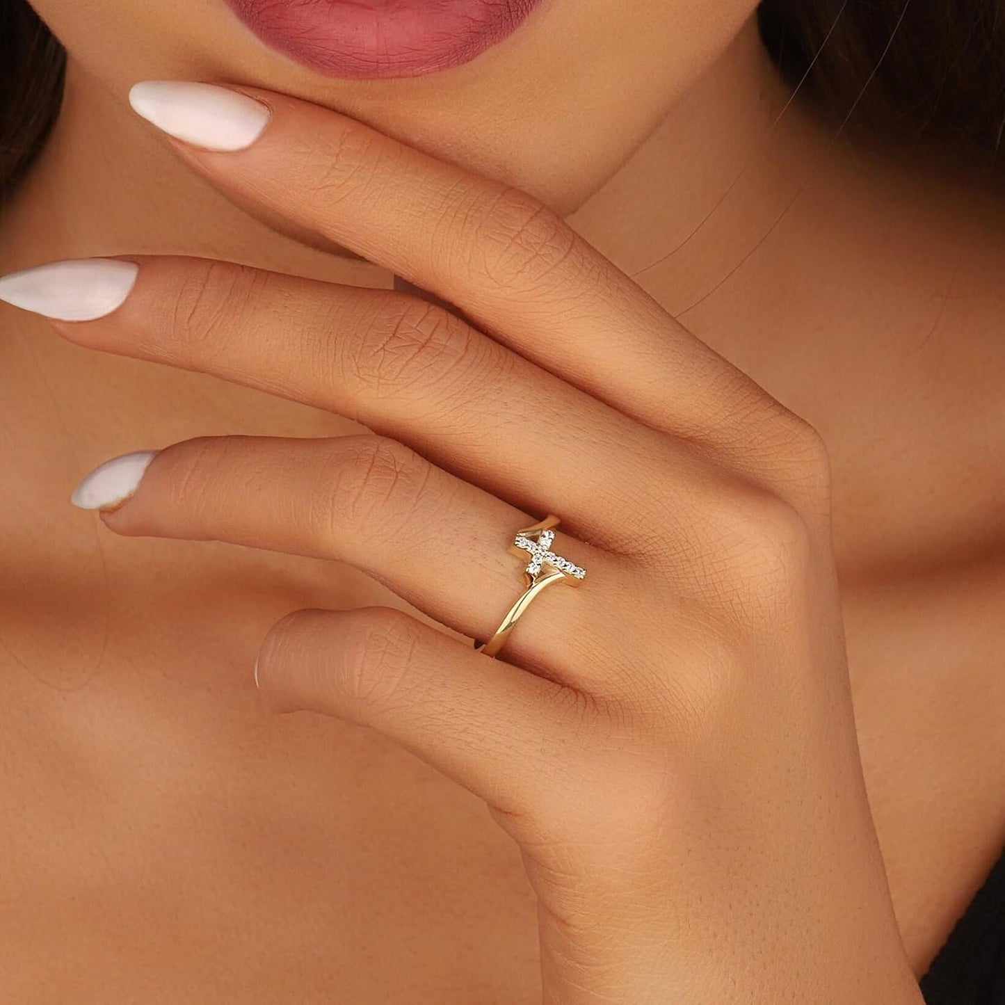 Punhem Anillos de oro con cruz para mujer, oro de 14 quilates, tono...