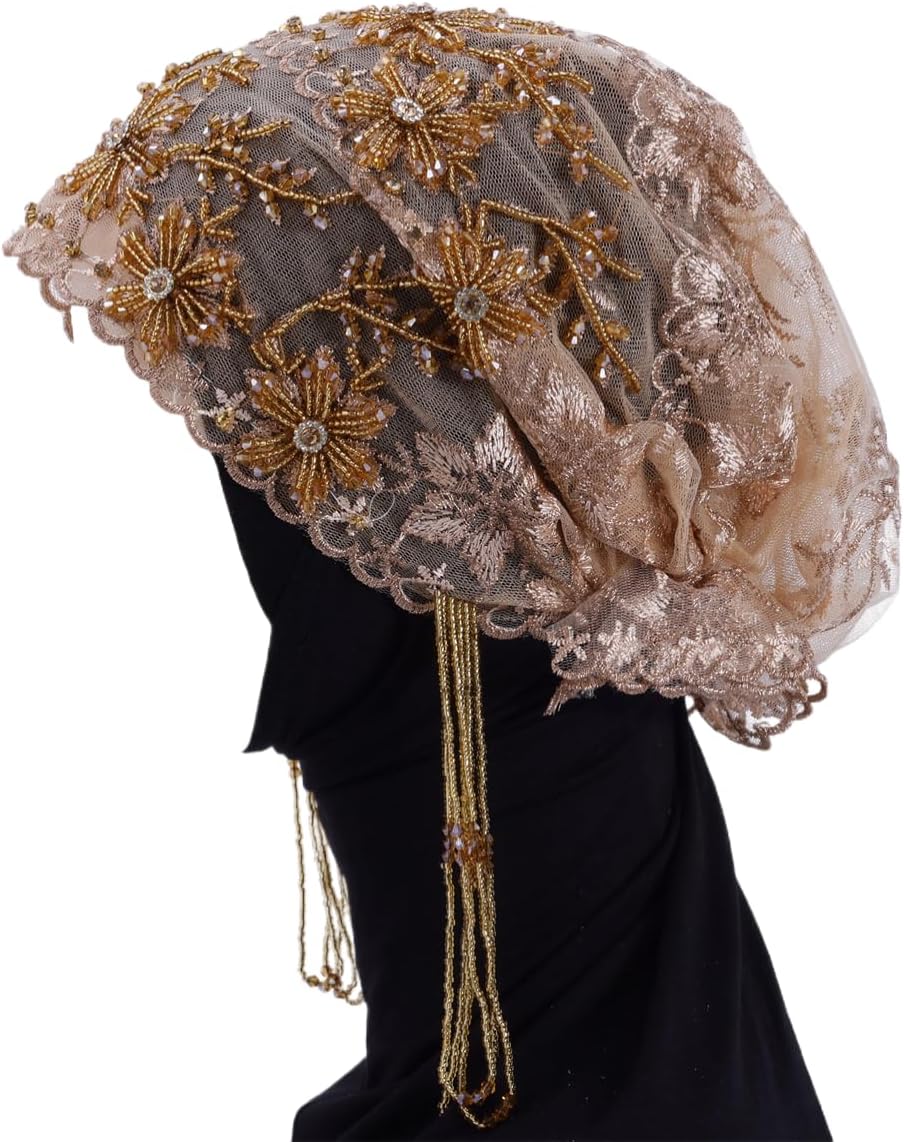 Turbante para mujer, con cuentas de encaje, musulmán, hijab, gorro...