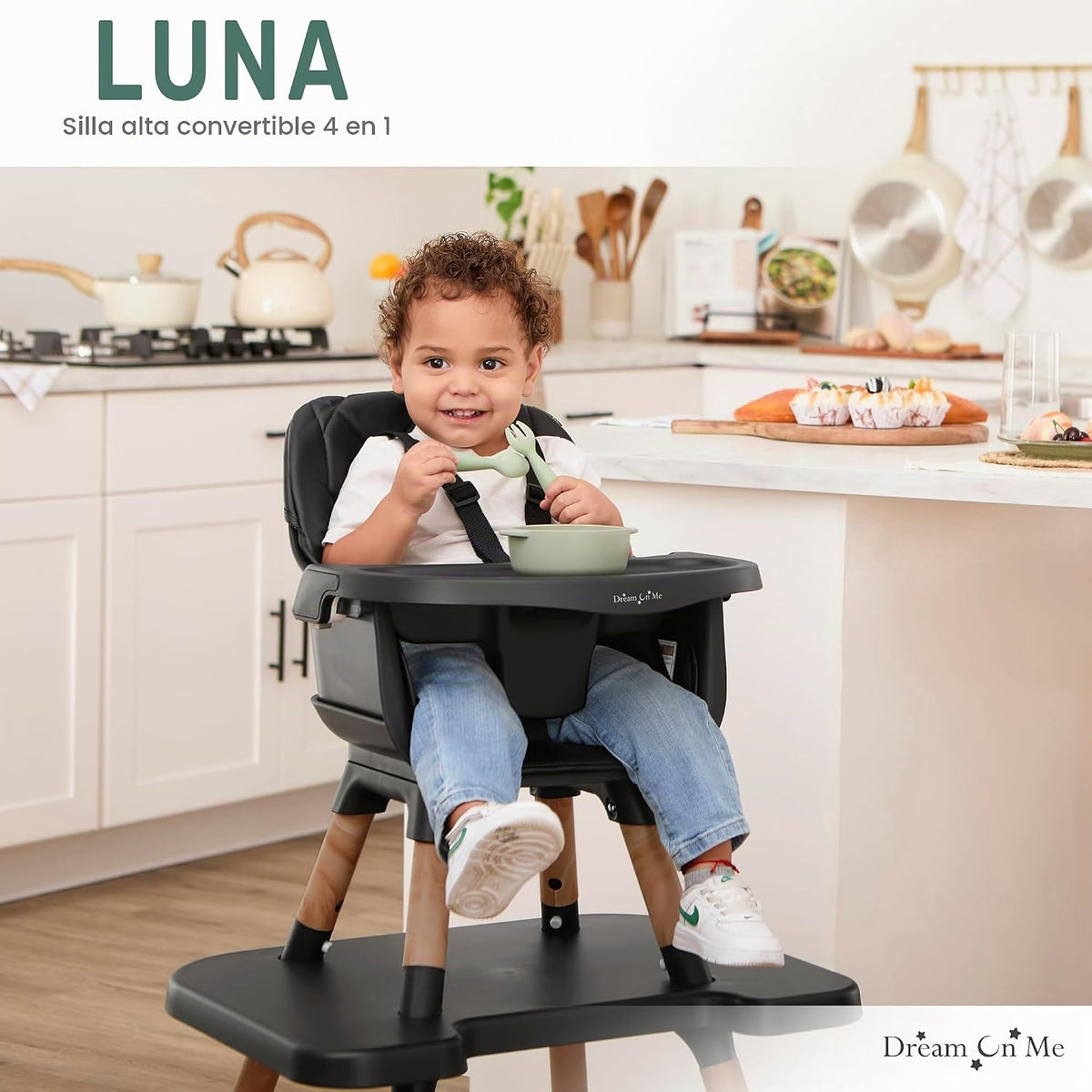 Dream On Me Luna - Silla alta convertible 4 en 1 para bebé, color n...