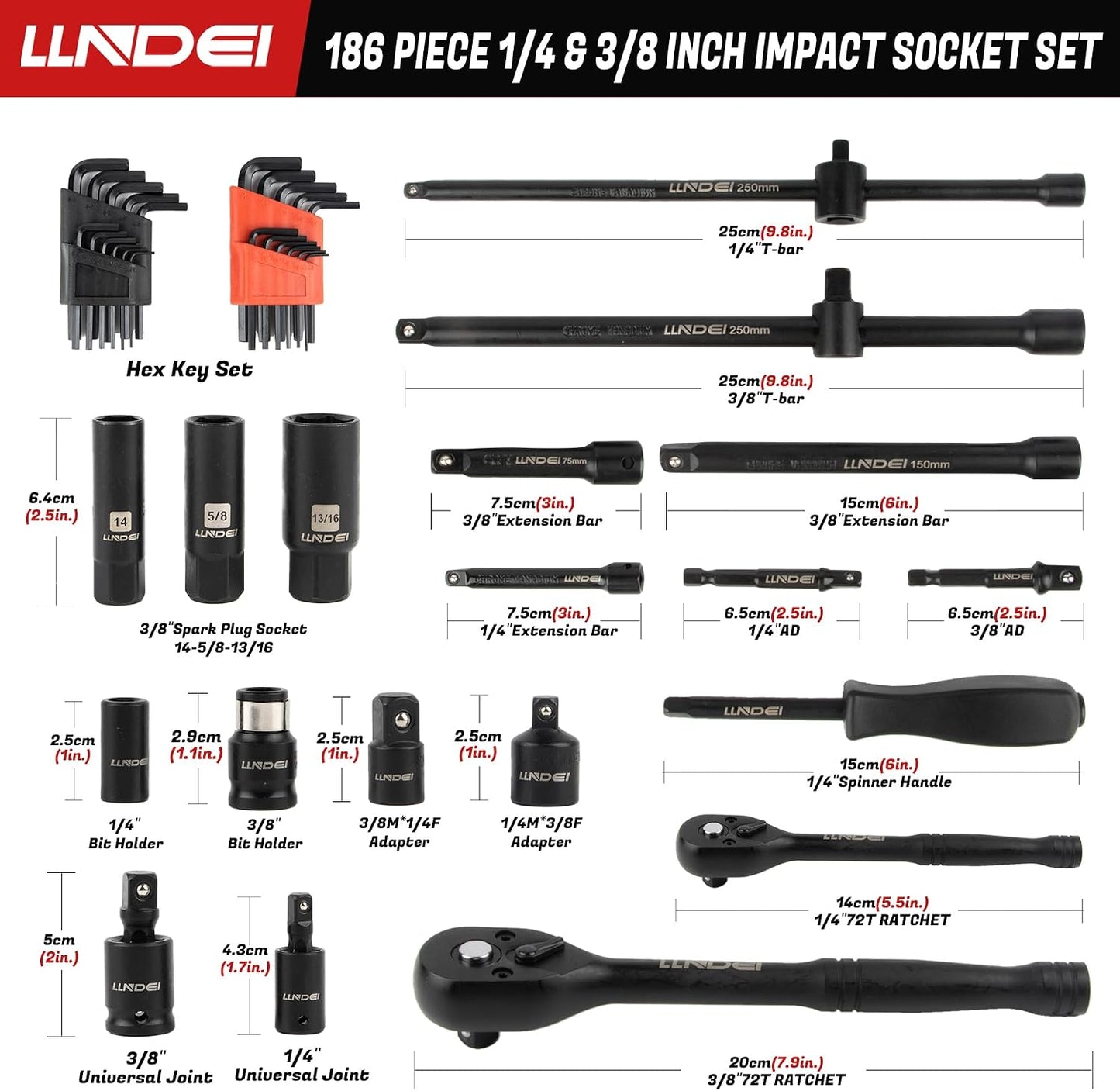 LLNDEI Juego de llaves de impacto de 1\/4 y 3\/8 pulgadas, 186 piez...