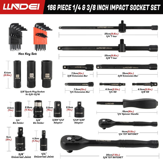 LLNDEI Juego de llaves de impacto de 1\/4 y 3\/8 pulgadas, 186 piez...