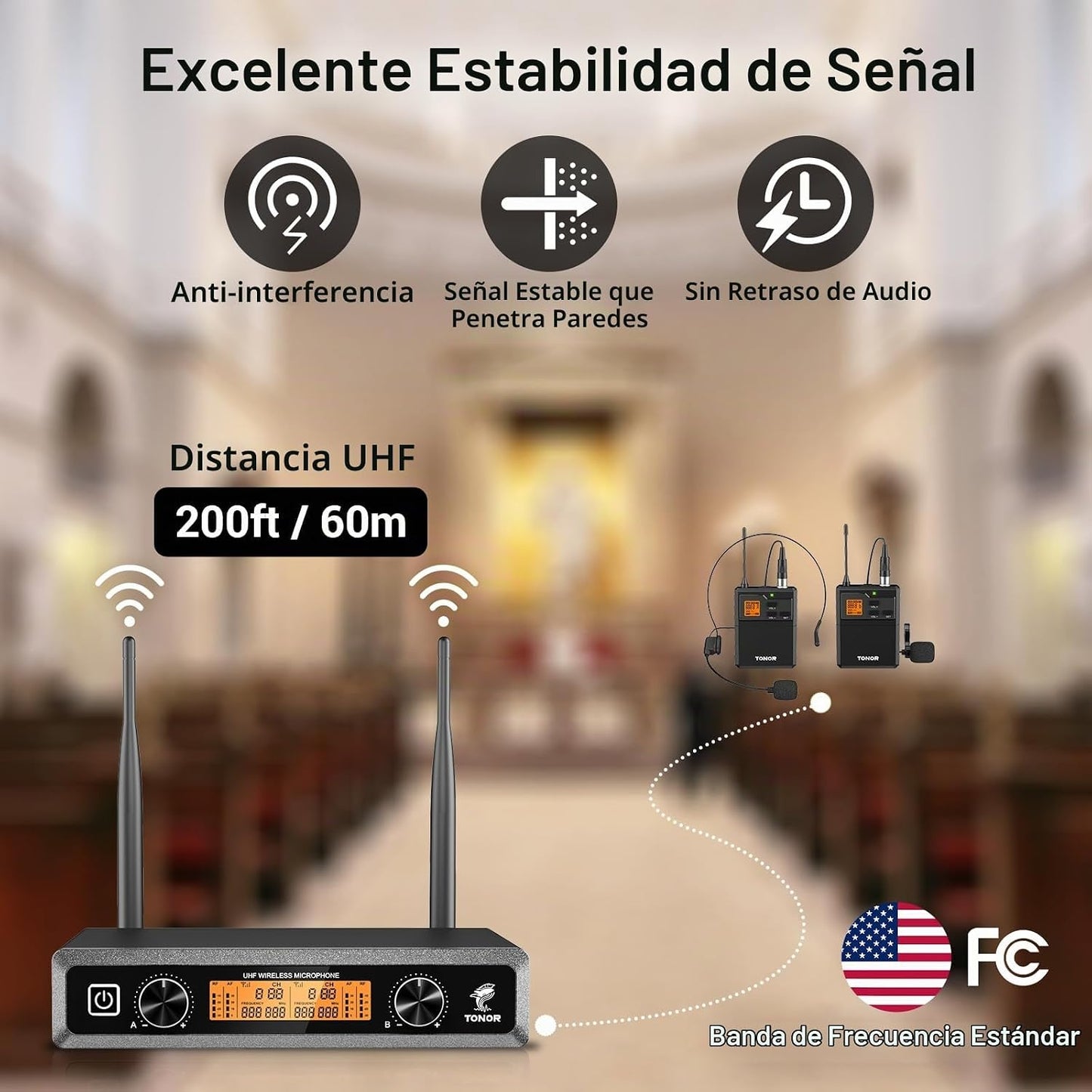 TONOR Sistema de micrófonos inalámbricos UHF con auriculares\/micró...