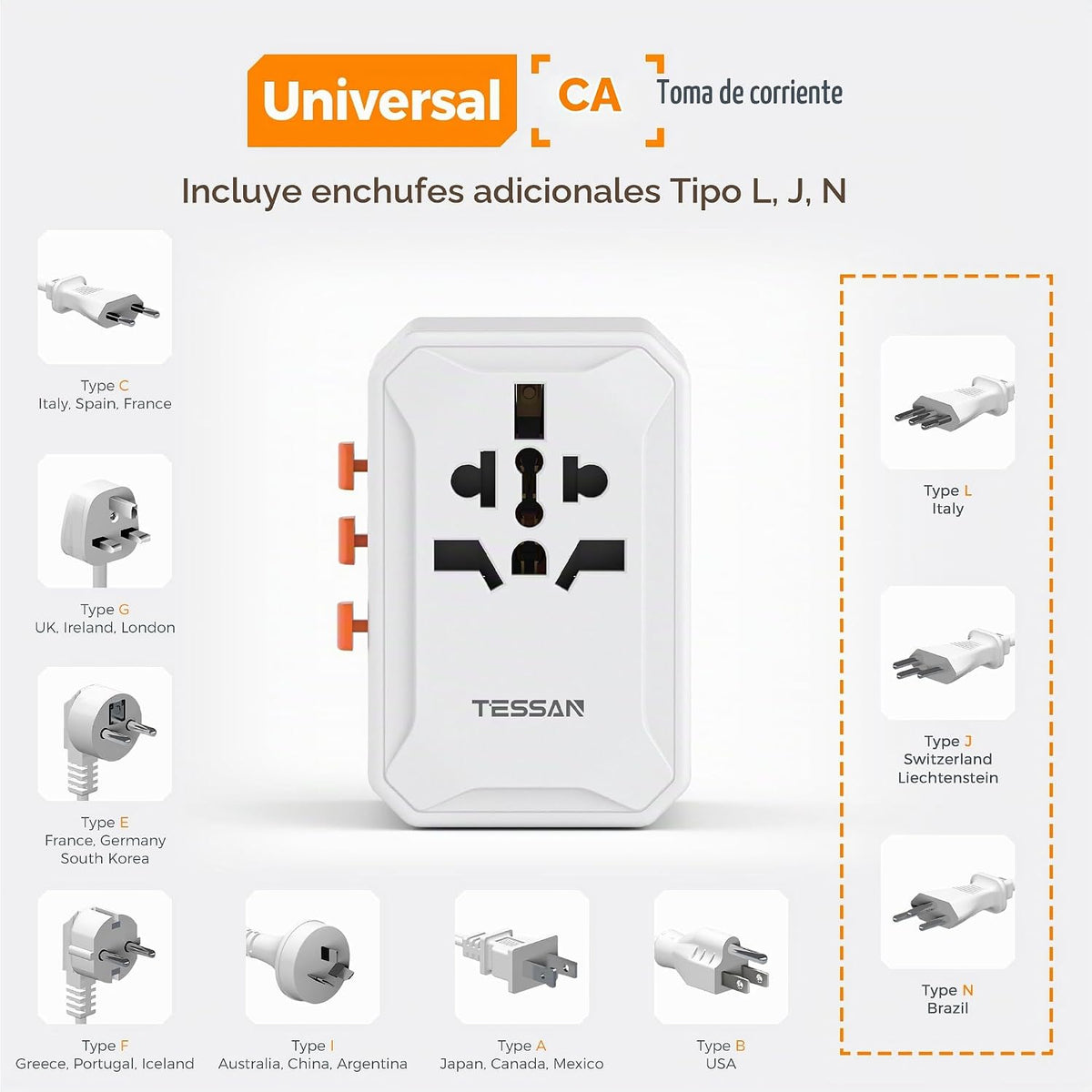 TESSAN Adaptador de viaje universal, adaptador de corriente interna...