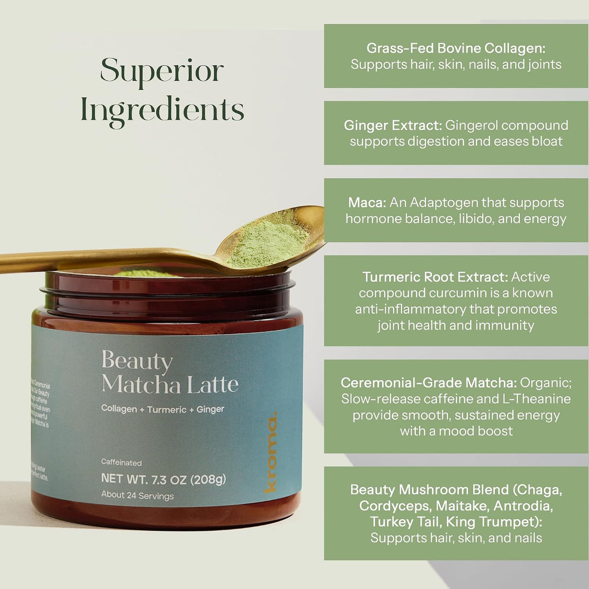 Polvo de Latte de Matcha Beauty de Kroma 7.18 Oz, 204g, 24 Porcione...