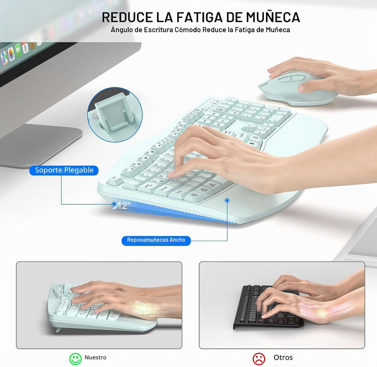 Combo de teclado y mouse inalámbricos, teclas onduladas de tamaño c...