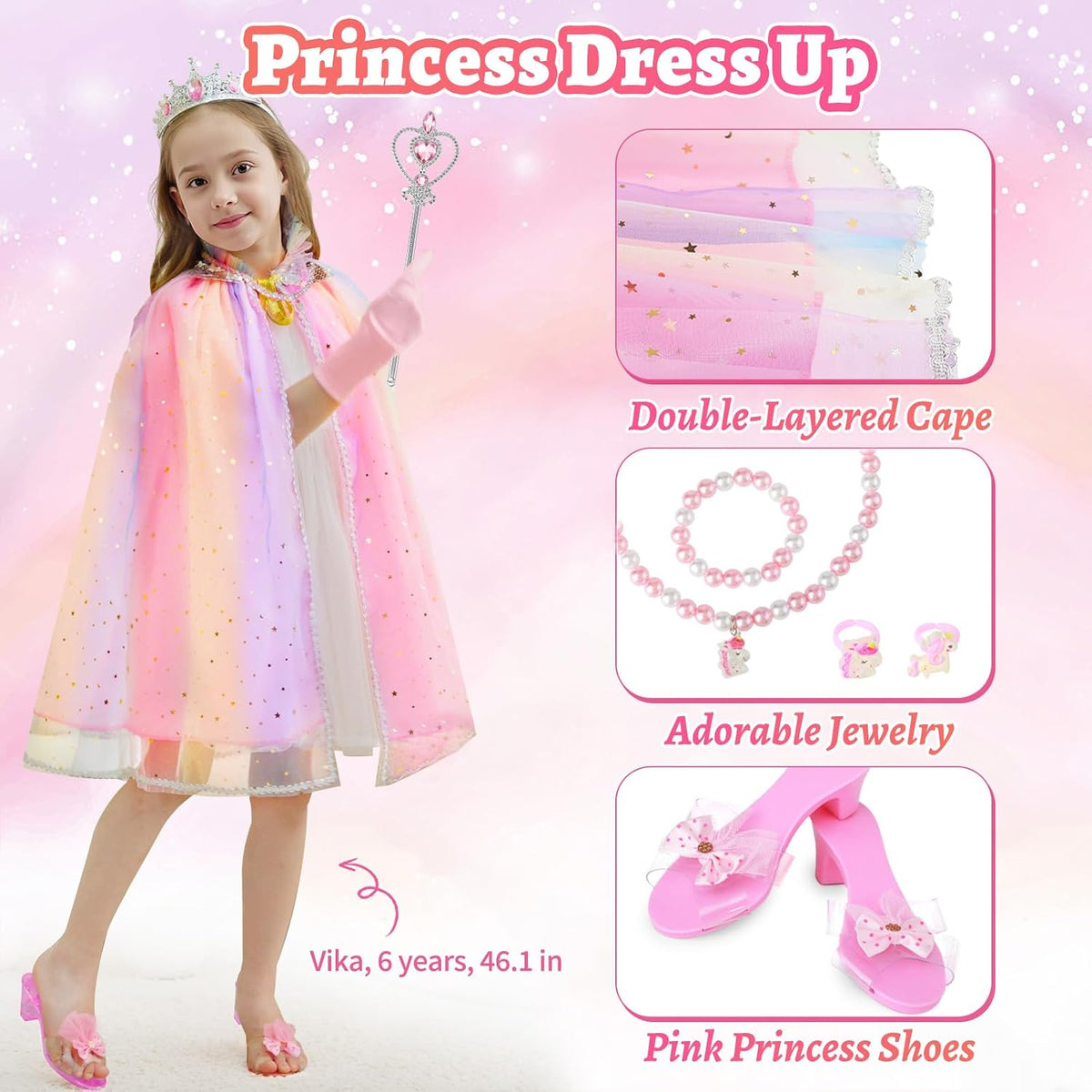 Fuzmo Ropa de princesa para niñas de 3, 4, 5, 6 años | Kit de maqui...