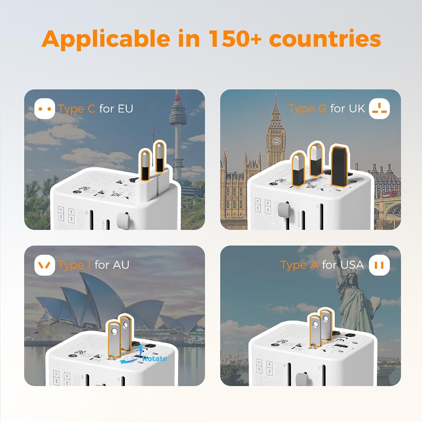 TESSAN Adaptador de viaje universal, adaptador de corriente interna...
