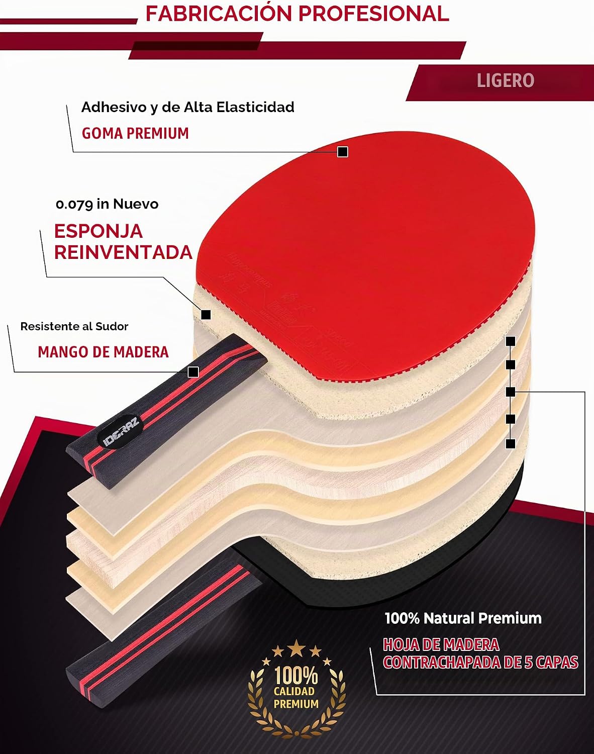 Idoraz Pala Profesional de Ping Pong - Raqueta de Tenis de Mesa con...
