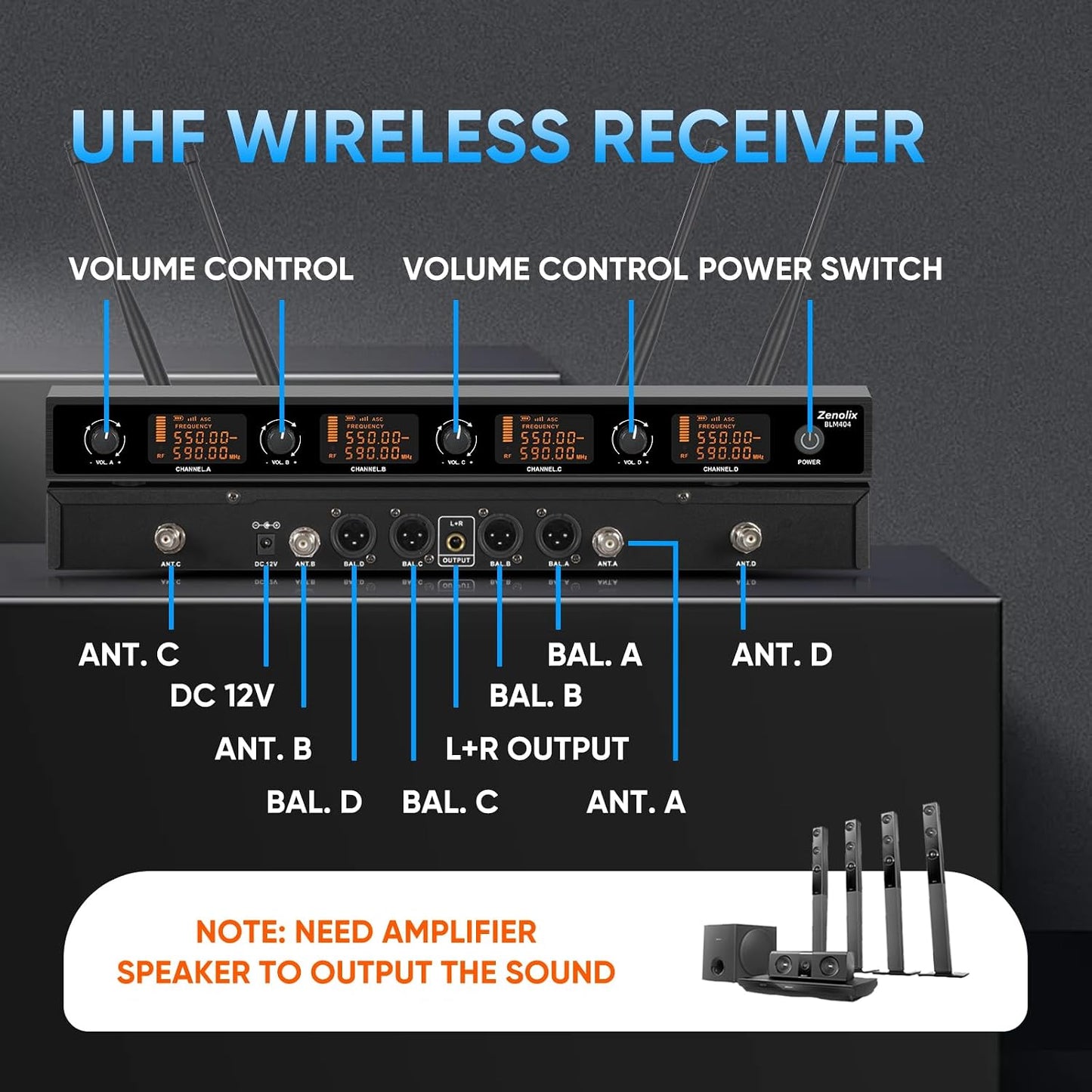Zenolix Sistema de micrófono inalámbrico, 4 canales UHF metal inalá...