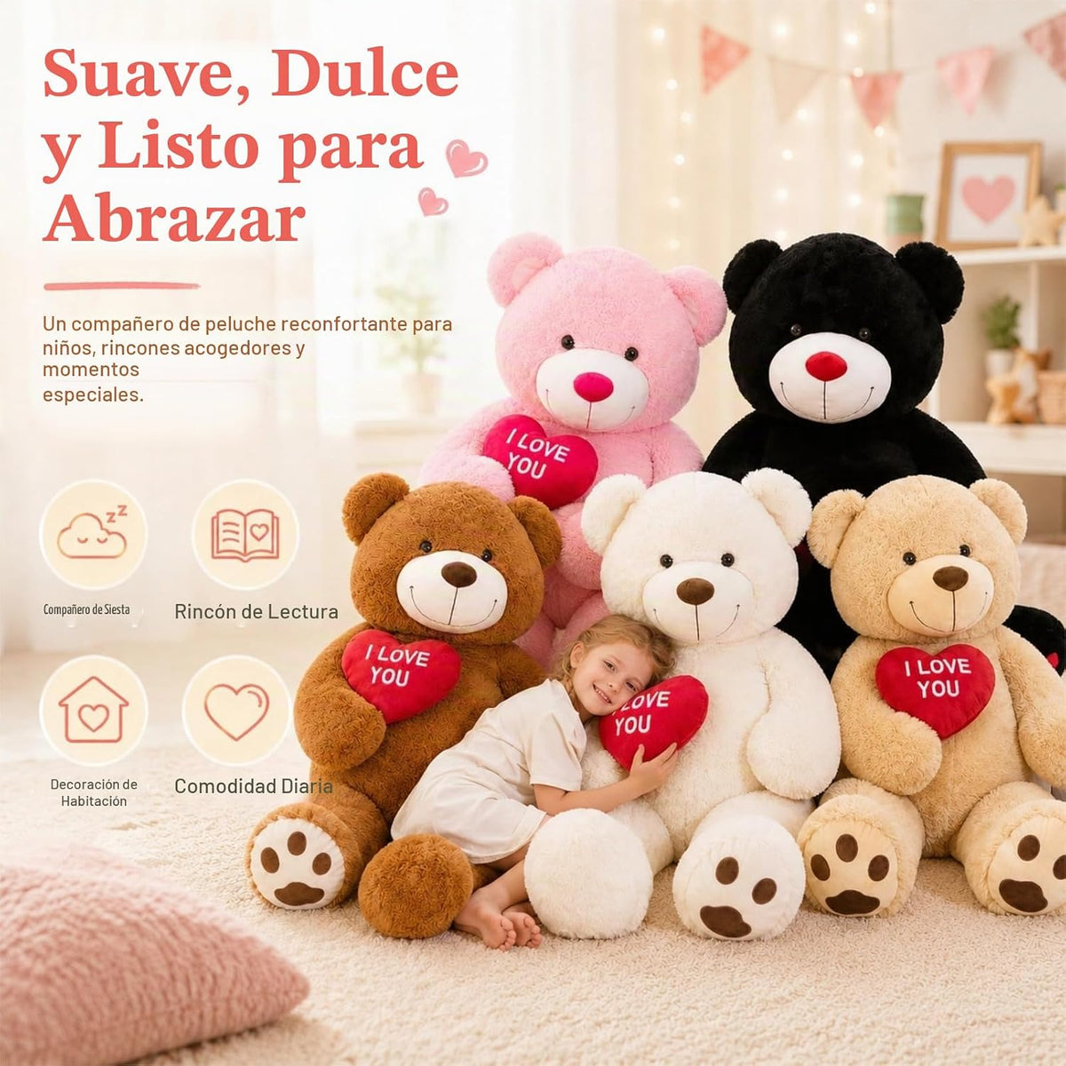 BENINY Oso de peluche gigante rosa de 52 pulgadas con corazón, pelu...