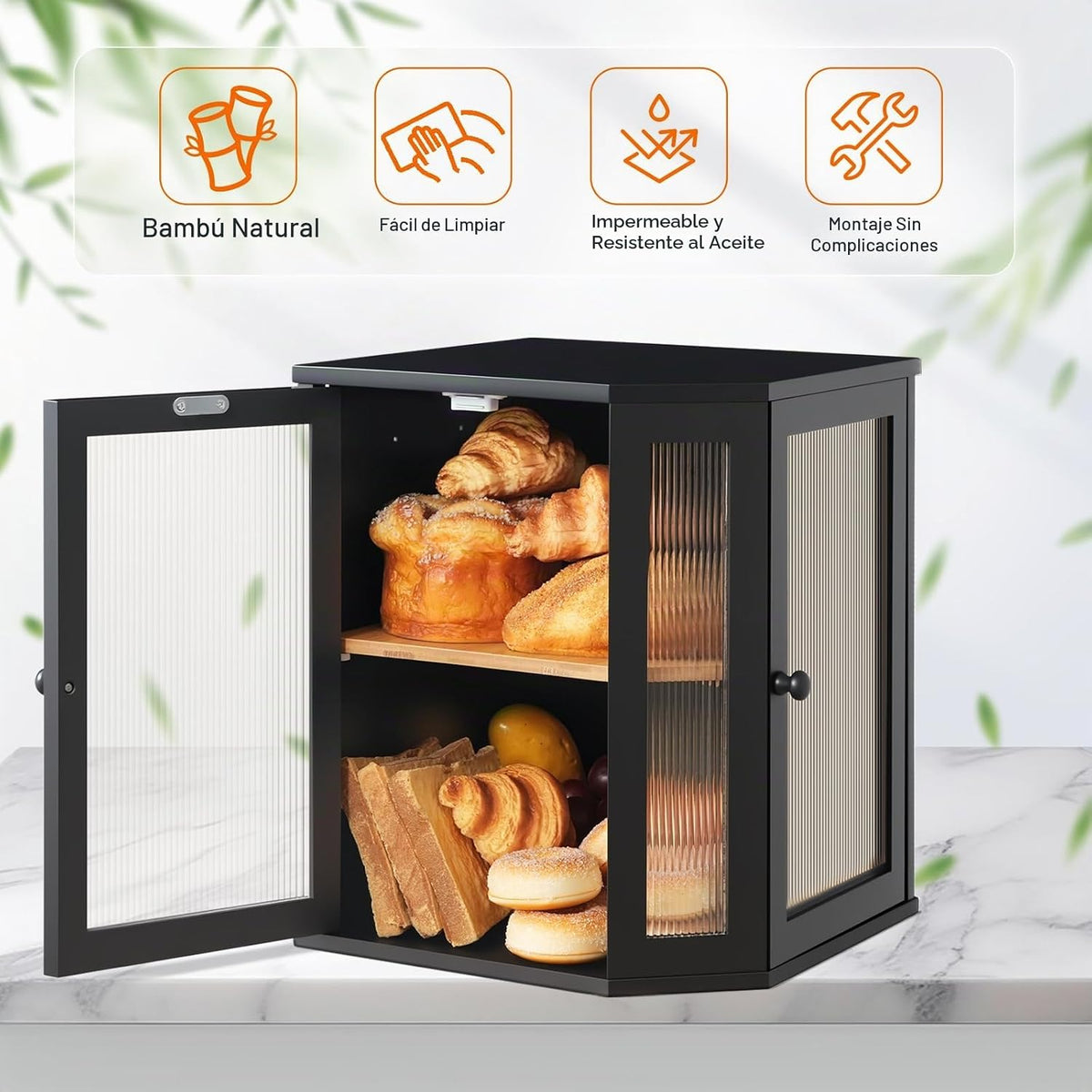 HOOBRO Caja de pan de bambú, caja de pan de esquina para encimera d...