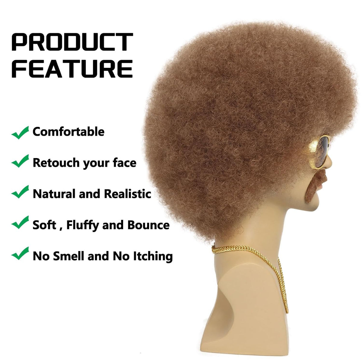 G&amp;T Wig Peluca afro de los años 70 para hombres con cadena de g...