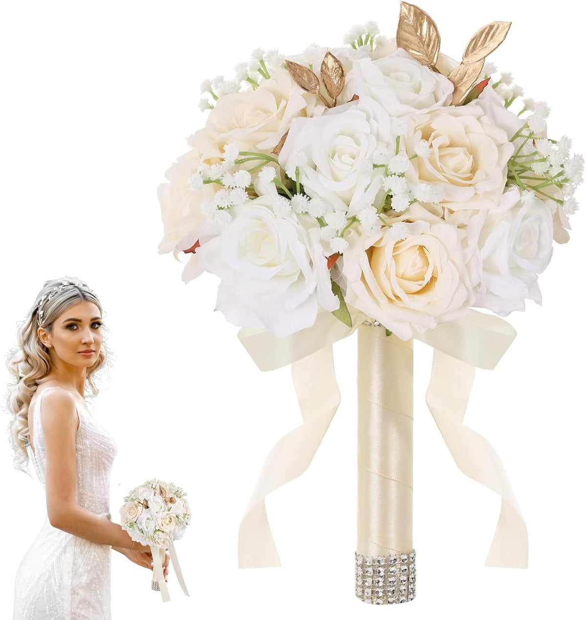 Ramos de boda Qeedy para novia - Flores de seda realistas, rosas ar...