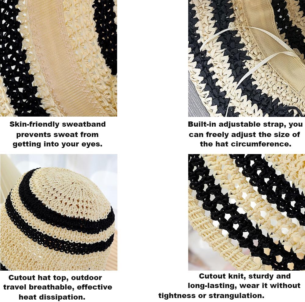 Sombrero de paja de verano para mujer, protección solar a rayas par...