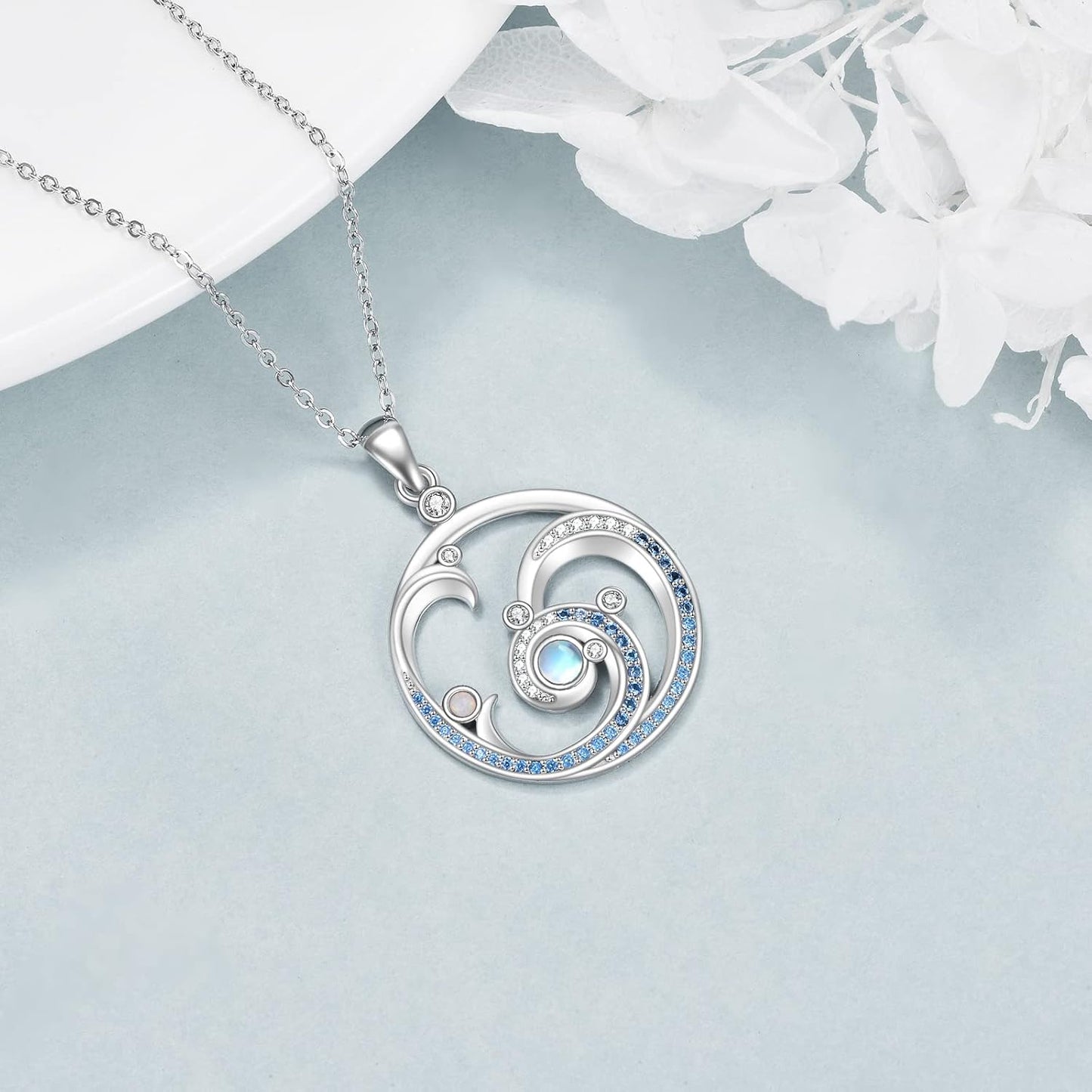 YFN Collar de onda de plata de ley con colgante de ola de océano, j...