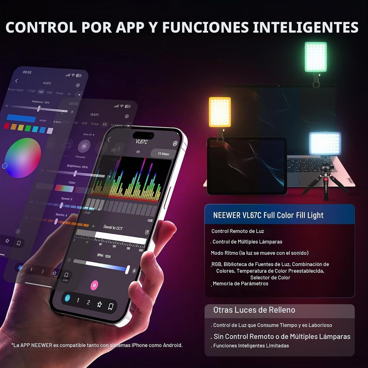 NEEWER VL67C Luz RGB para selfie con control de aplicación, 94 LED...