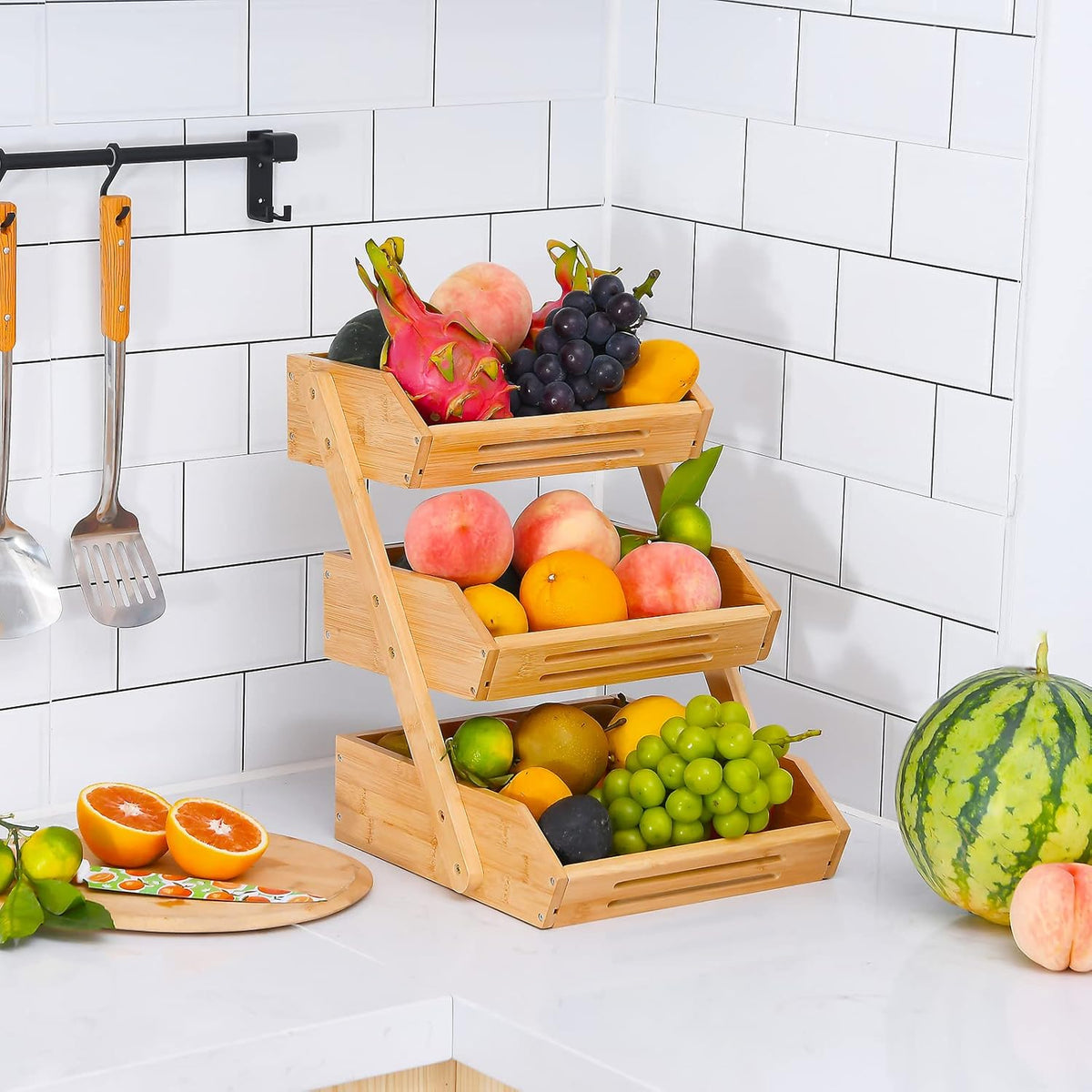 VIKEYHOME Cesta de Frutas, Cesta de Bambú de 3 Niveles para Cocina,...