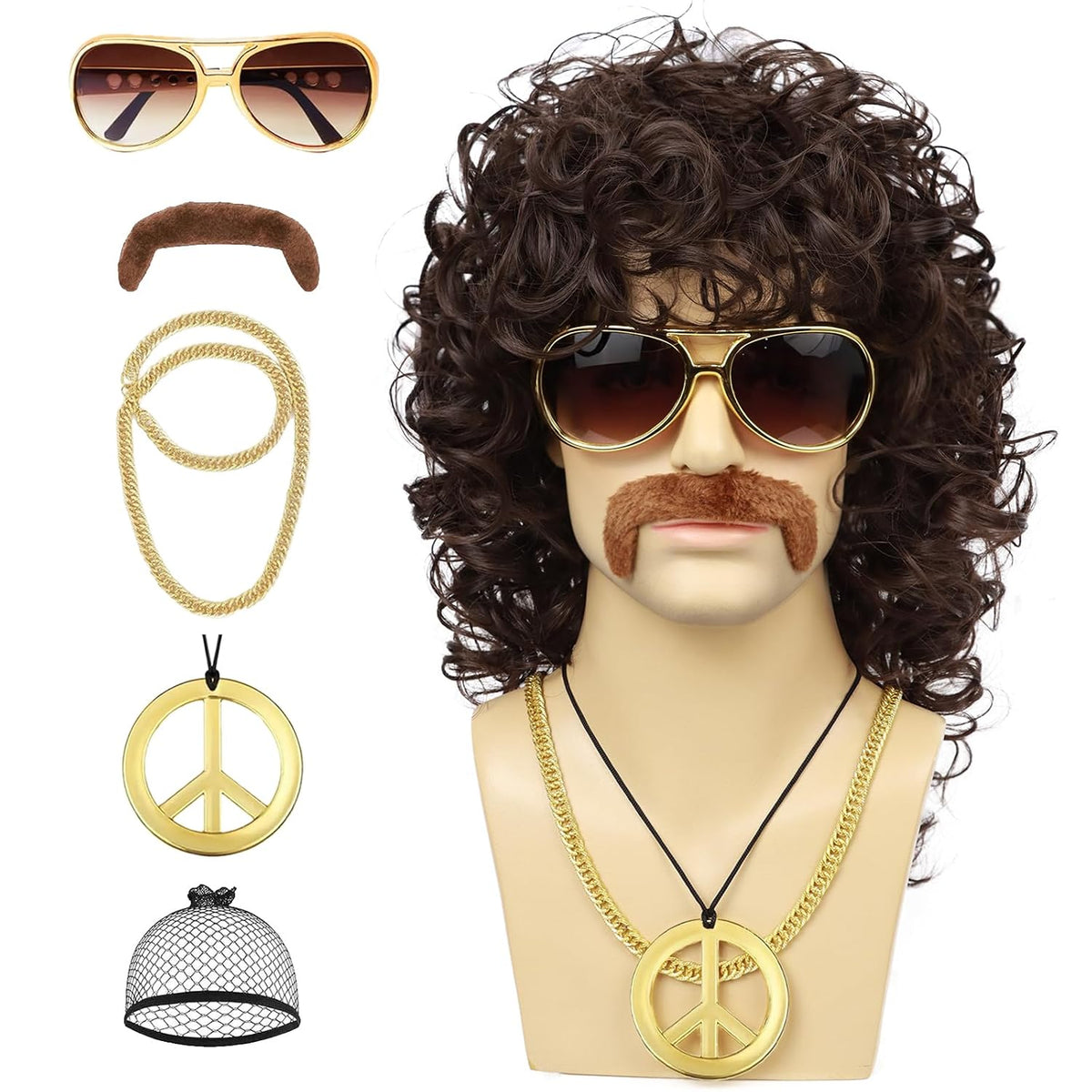Guree Hair Peluca rizada para hombre + lentes + cadena dorada + col...