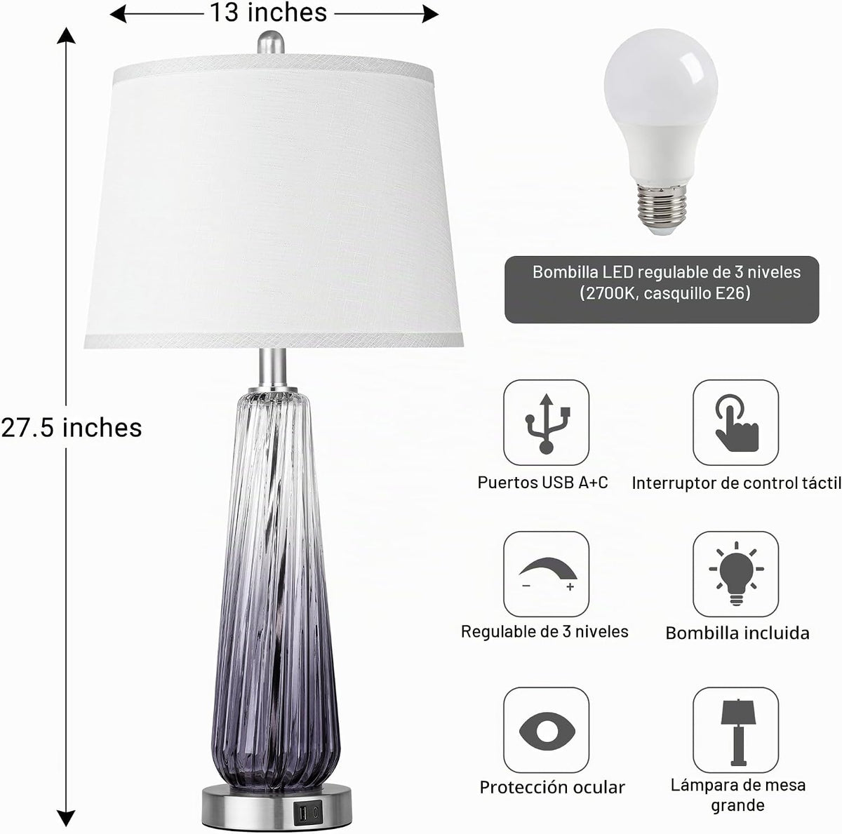 Lámparas de mesa modernas de cristal, lámparas de noche de 27.5 pul...